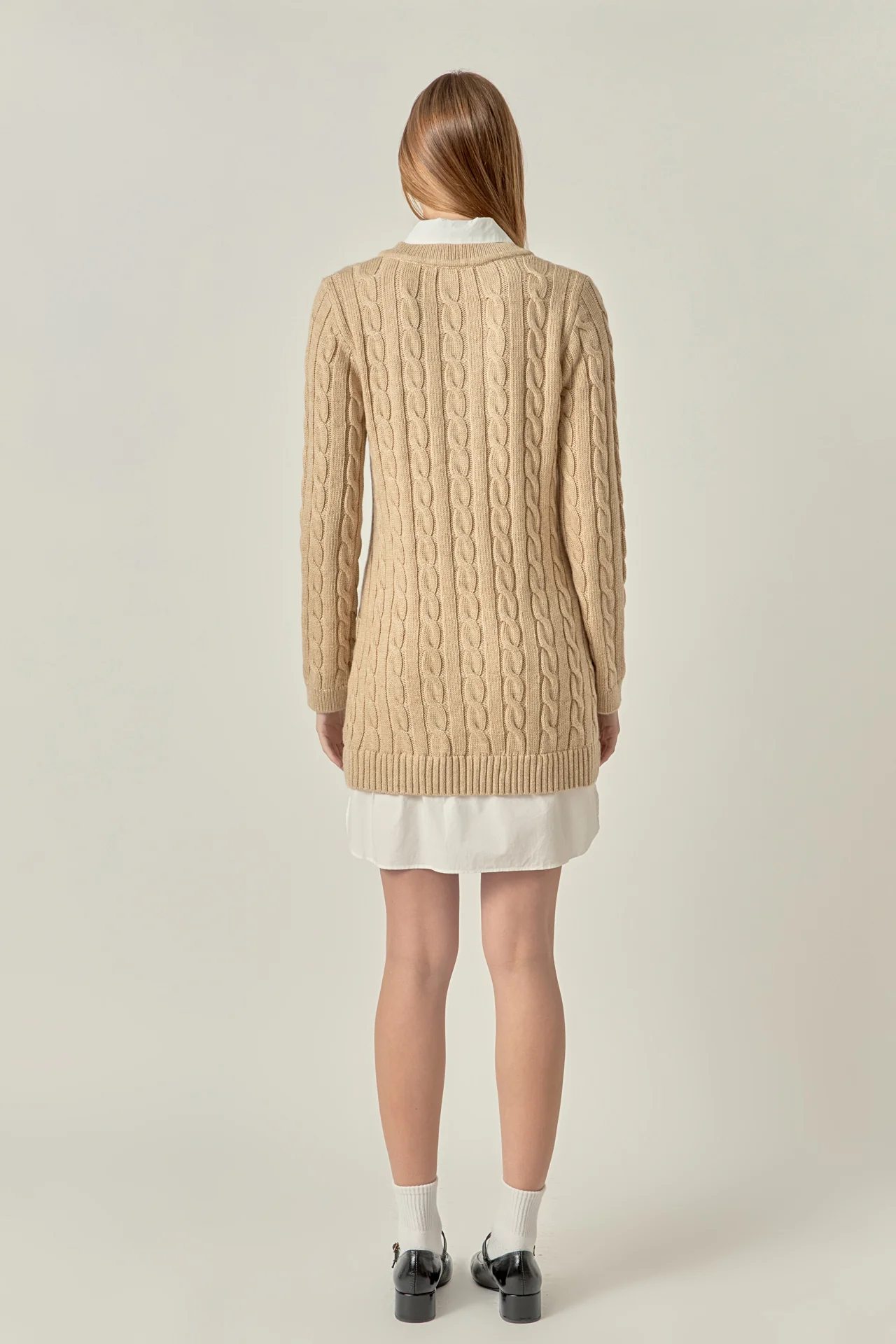 Mixed Media Cable Knit V-Neck Drop Sweater Dress - Image 9