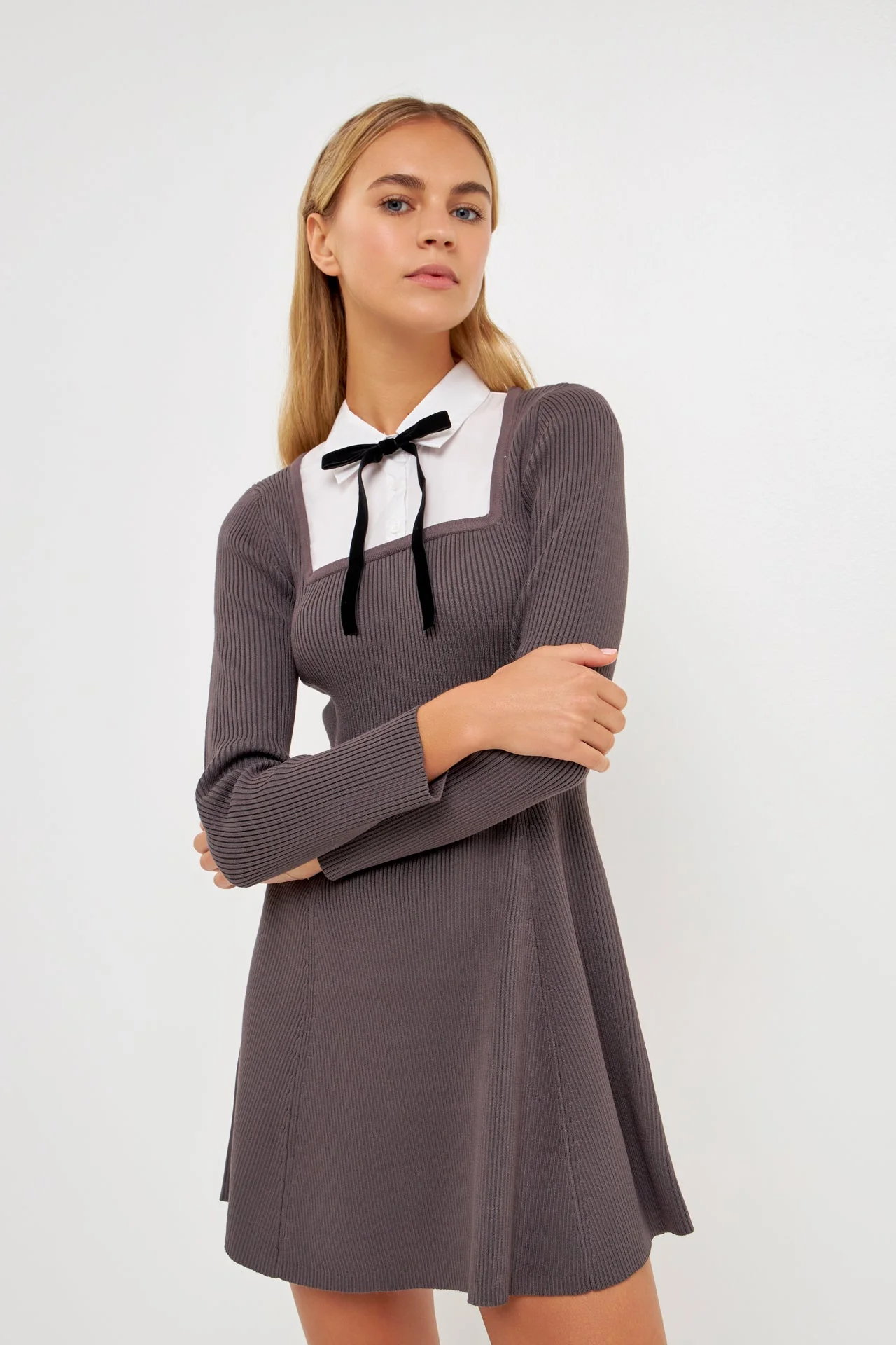 Mixed Media Fit and Flare Sweater Dress - Image 10
