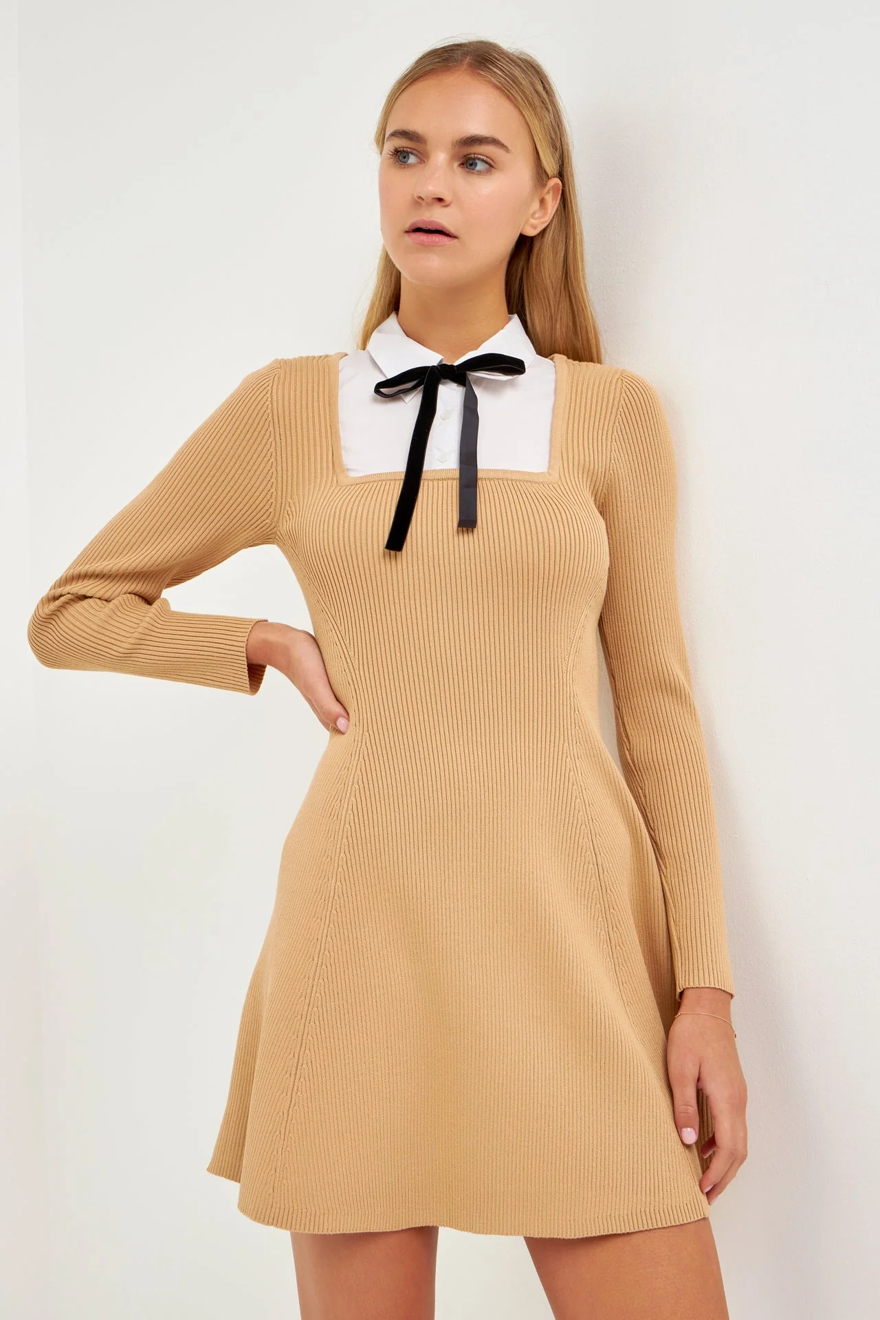 Mixed Media Fit and Flare Sweater Dress - Image 5