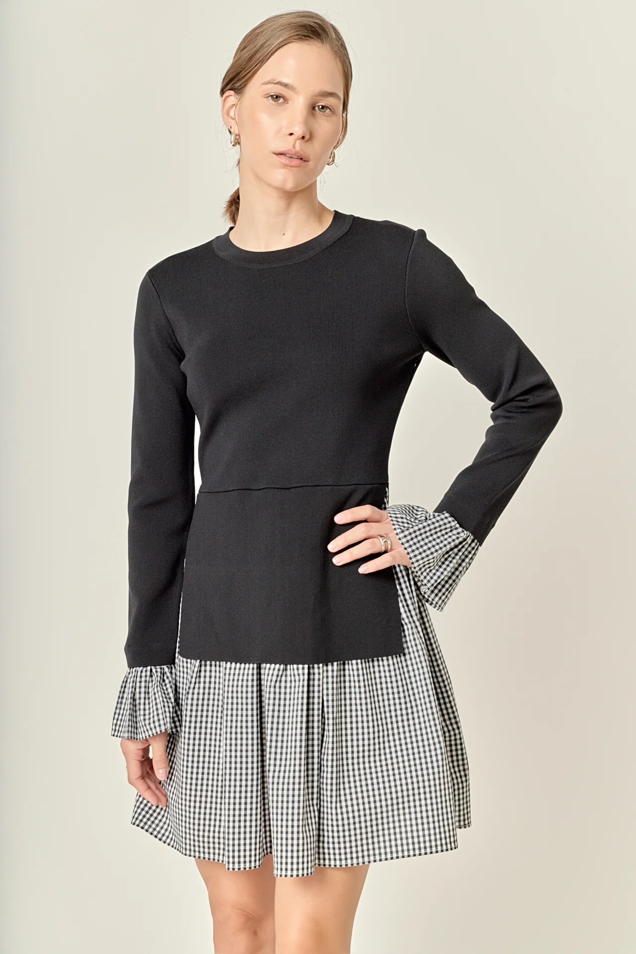 Mixed Media Gingham Check Mini Dress - Image 5