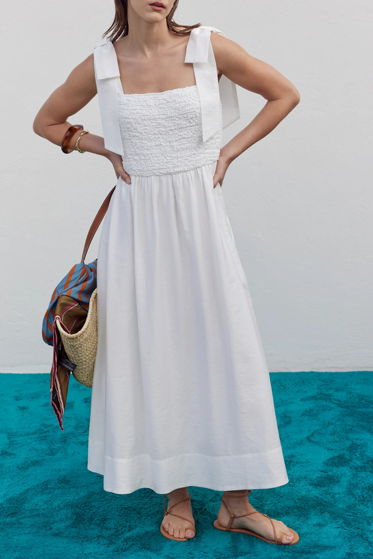 Smocked Bodice Bow Strap Midi Dress - Image 2