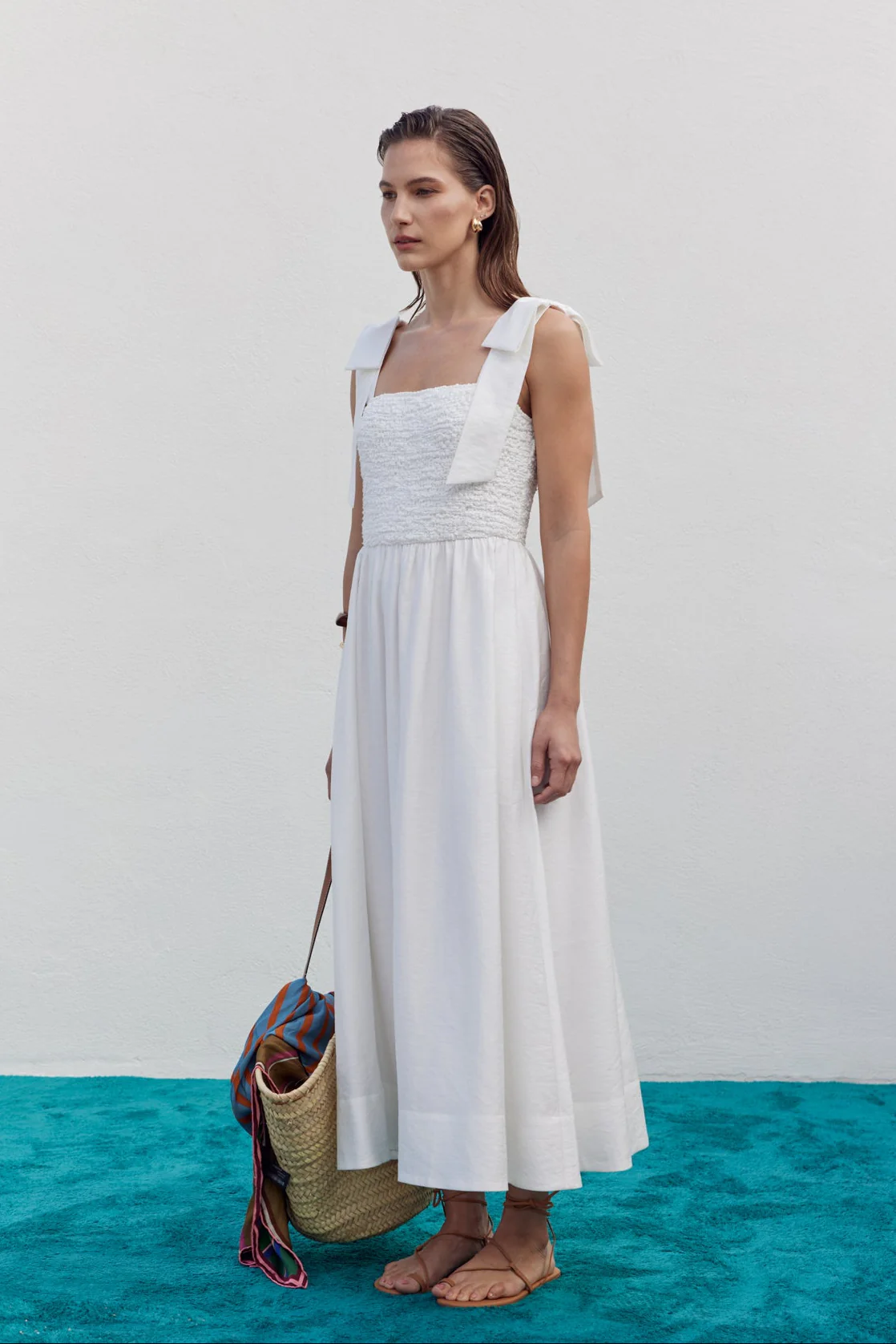 Smocked Bodice Bow Strap Midi Dress - Image 3
