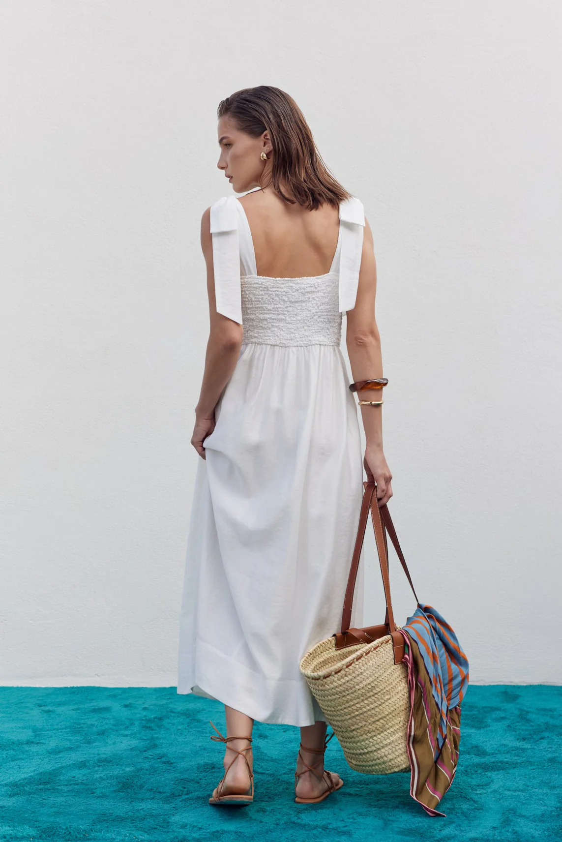 Smocked Bodice Bow Strap Midi Dress - Image 4