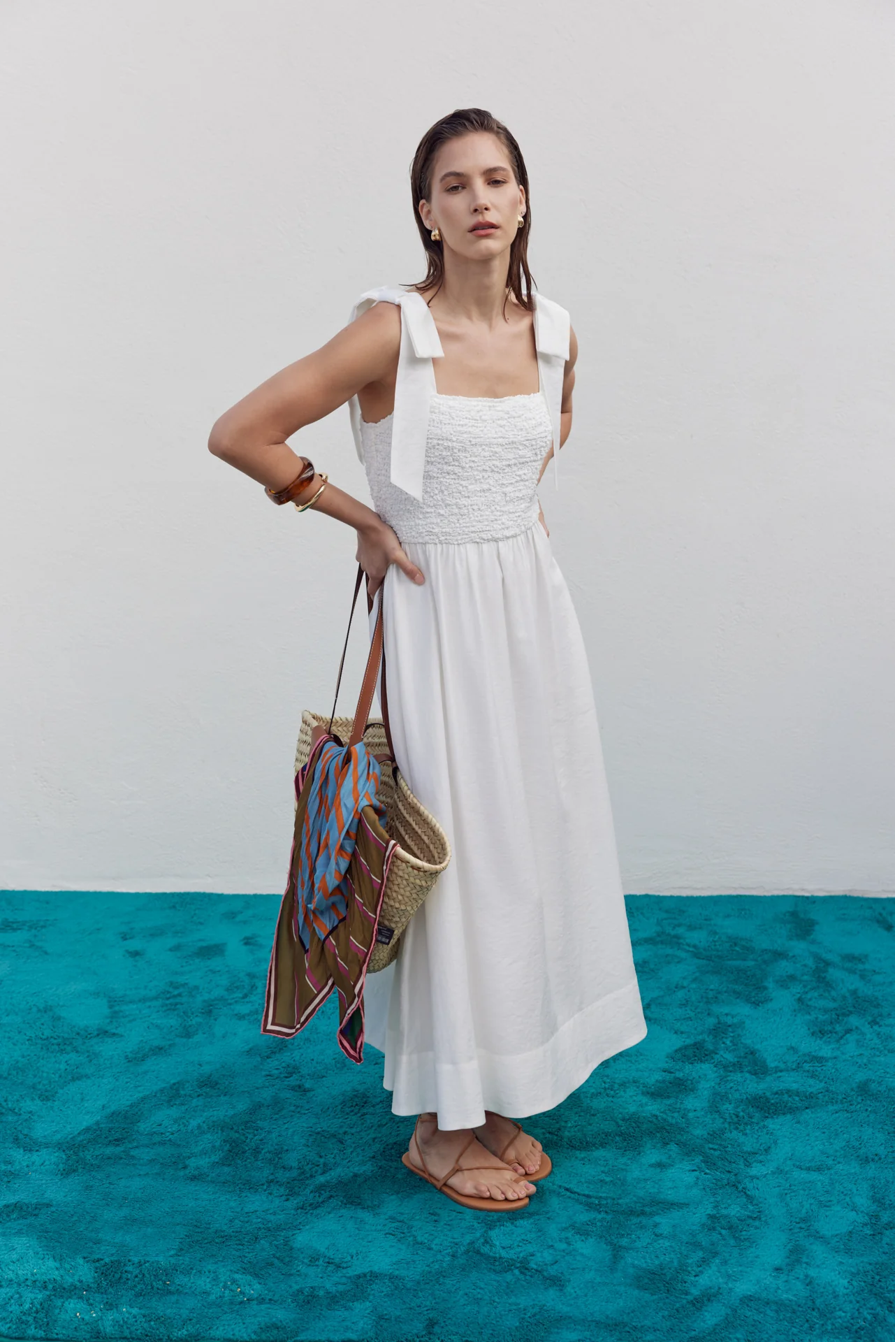 Smocked Bodice Bow Strap Midi Dress - Image 5