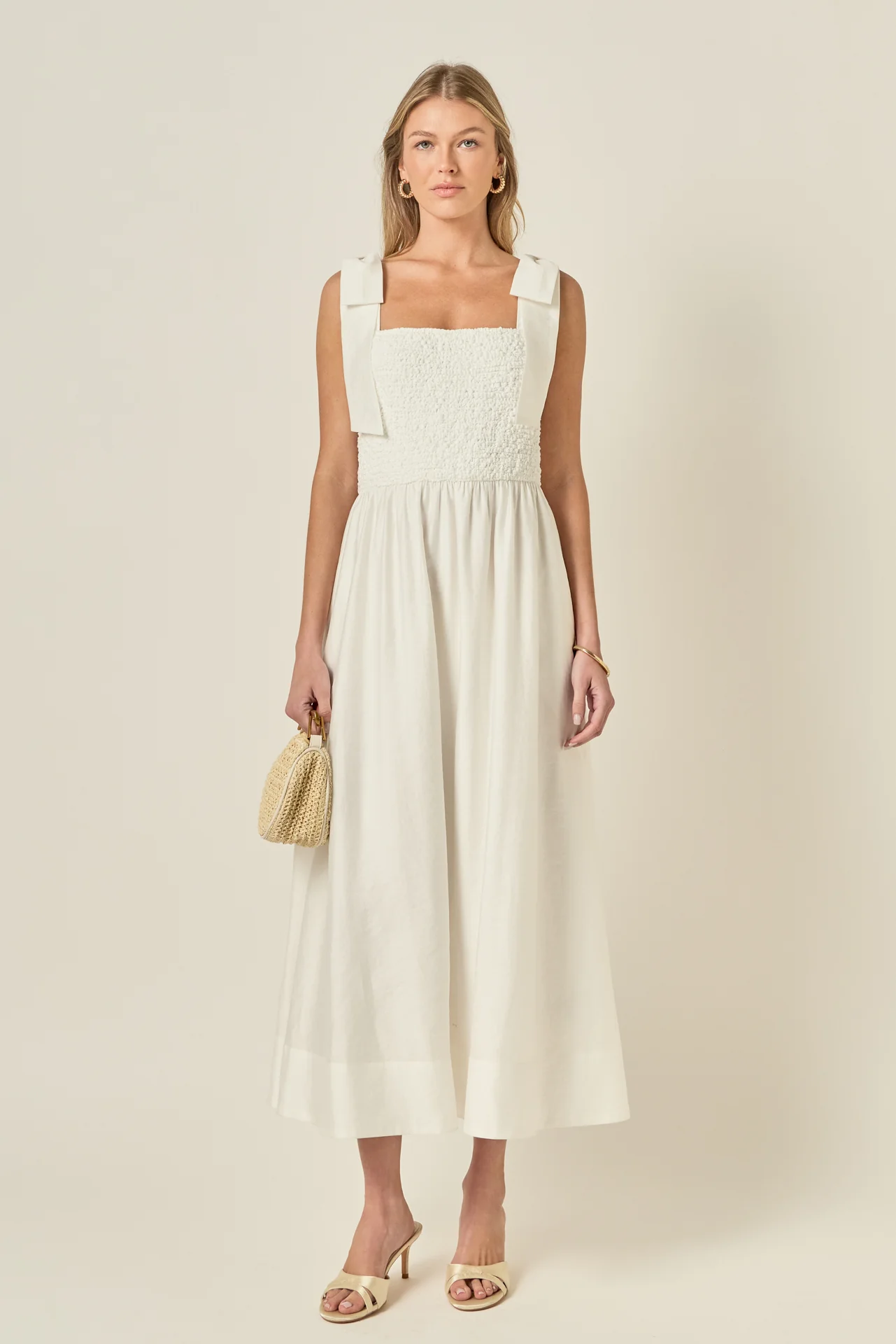 Smocked Bodice Bow Strap Midi Dress - Image 6