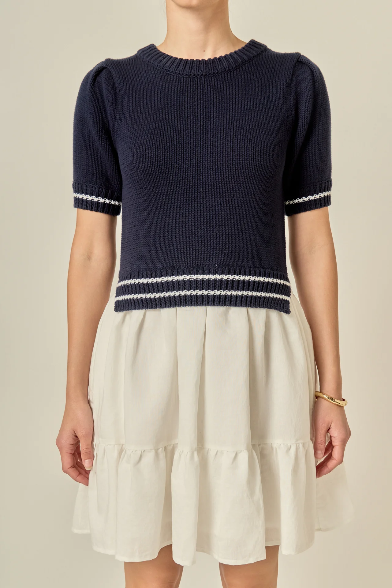 Mixed Media Puff Sleeve Mini Dress - Image 2