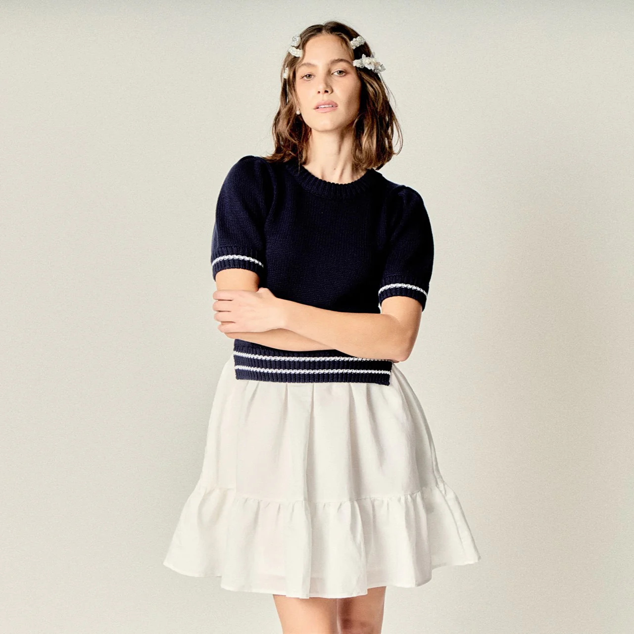 Mixed Media Puff Sleeve Mini Dress - Image 9