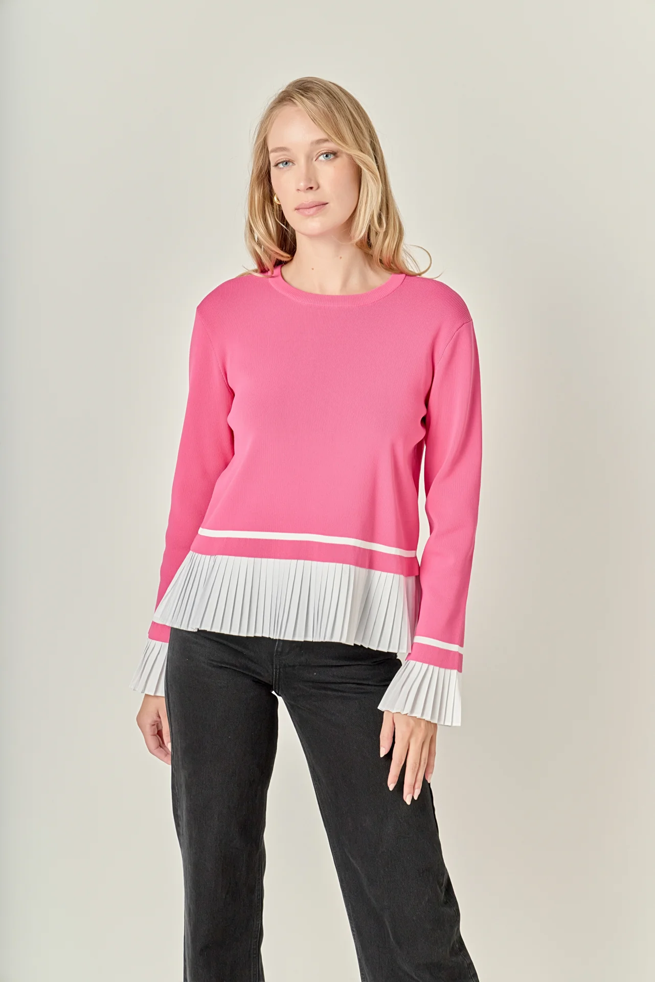 Mixed Media Pleated Knit Top - Image 5