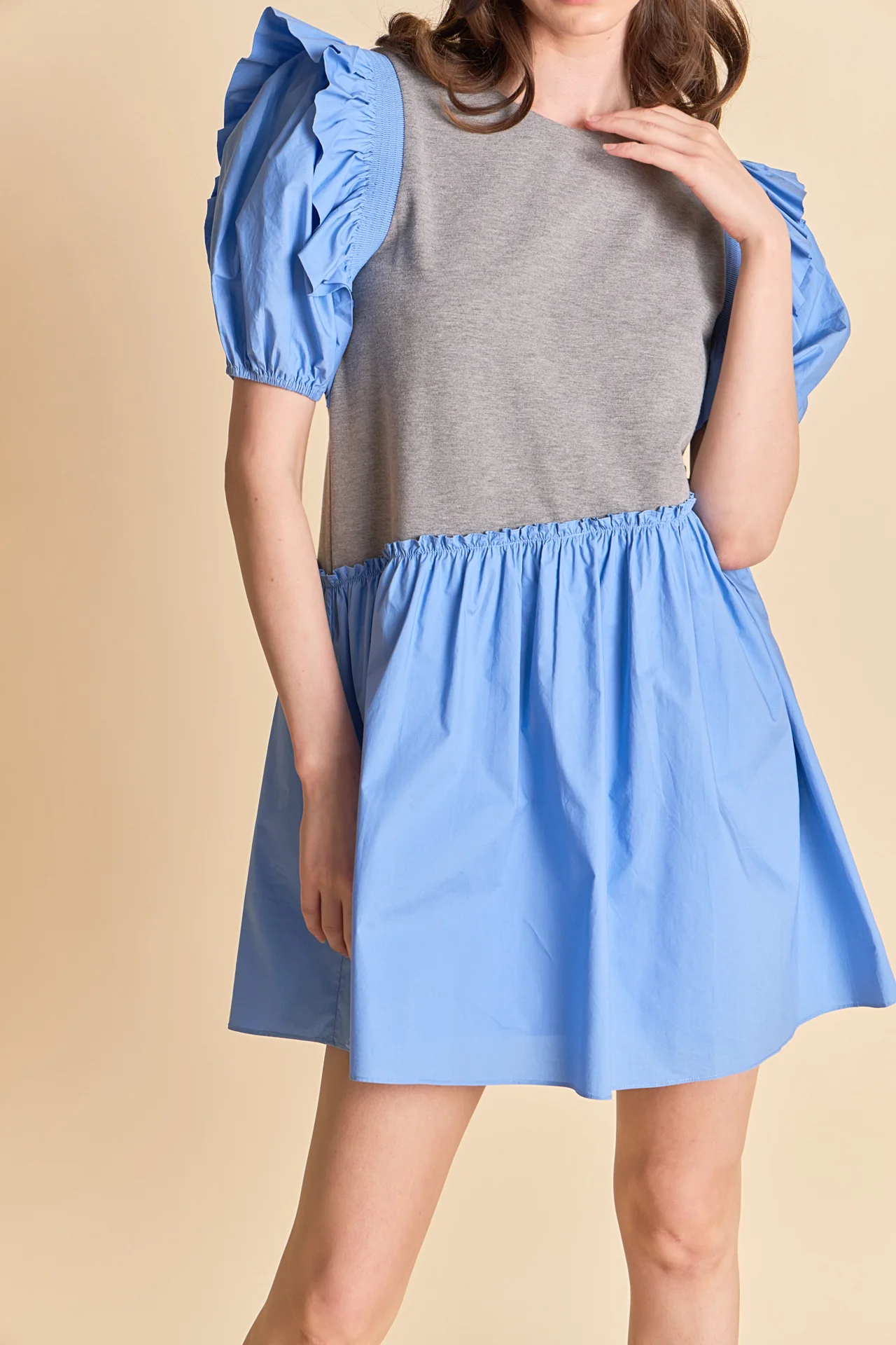 Mixed Media Puffy Short Sleeve Mini Dress - Image 2
