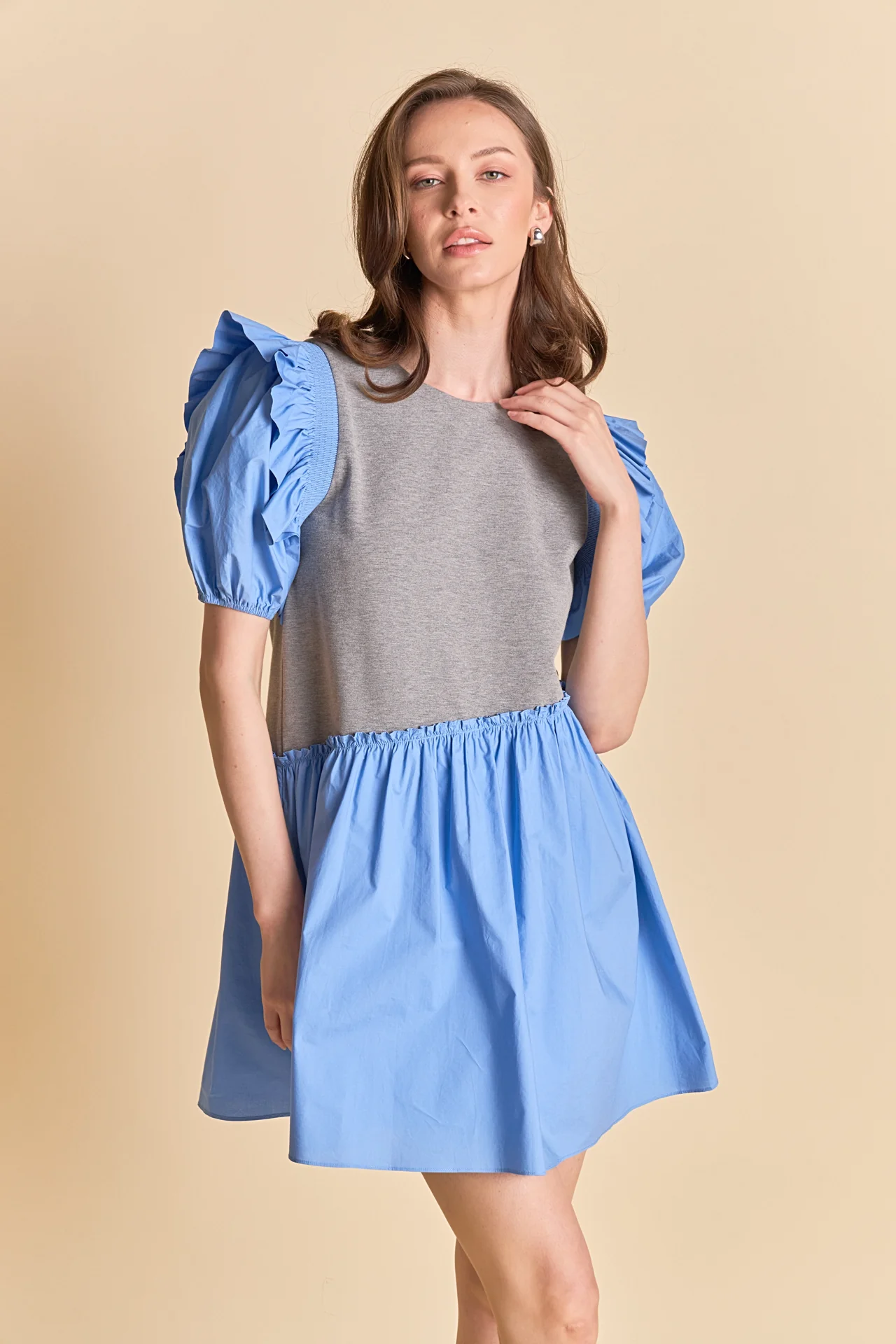 Mixed Media Puffy Short Sleeve Mini Dress - Image 5