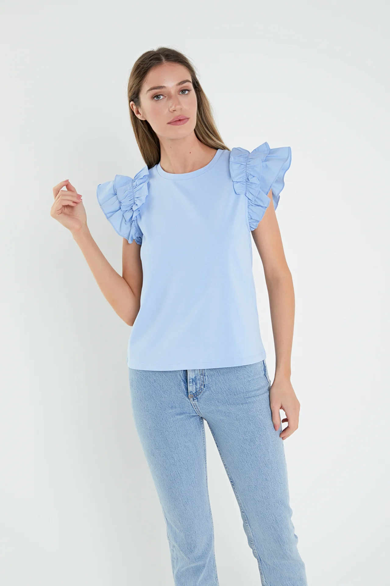 Mixed Media Ruffle Detail T-shirt - Image 10