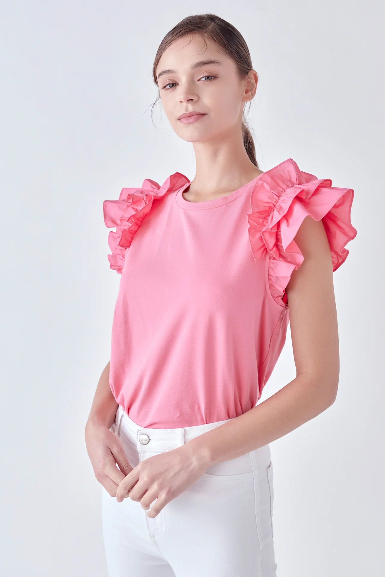 Mixed Media Ruffle Detail T-shirt - Image 41