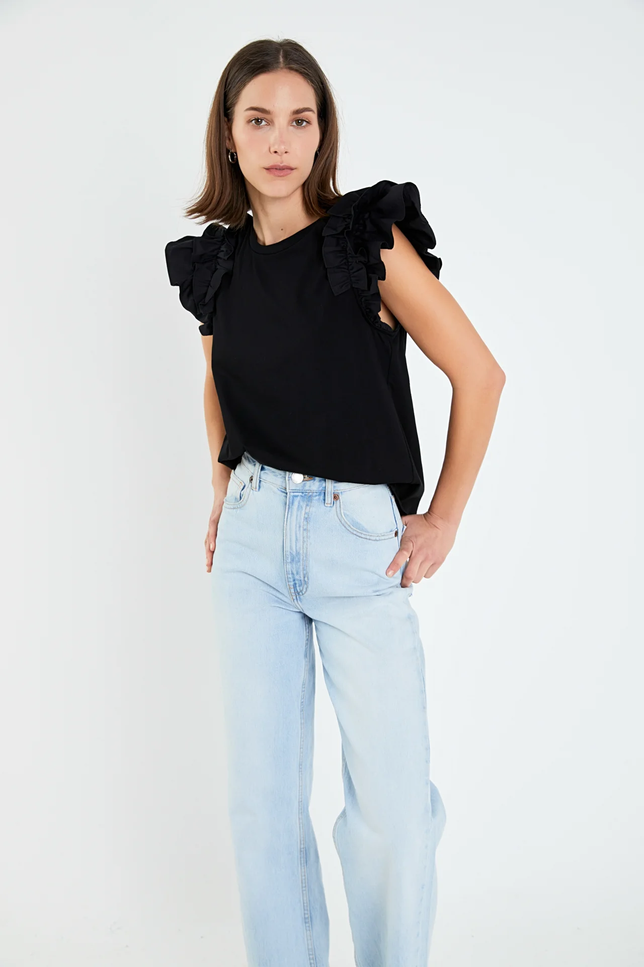 Mixed Media Ruffle Detail T-shirt - Image 5