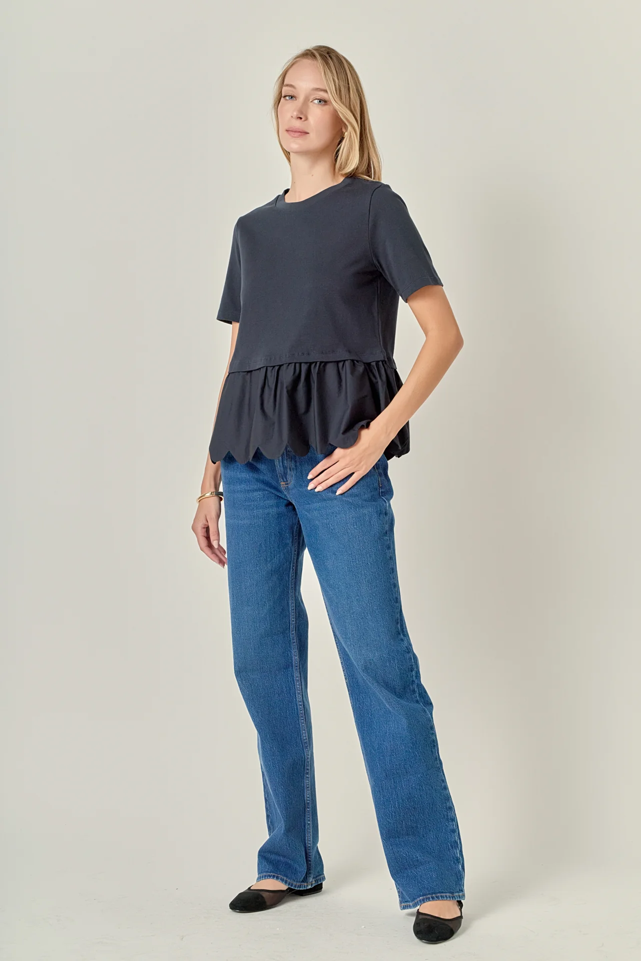Mixed Media Scallop Detail T-shirt - Image 8