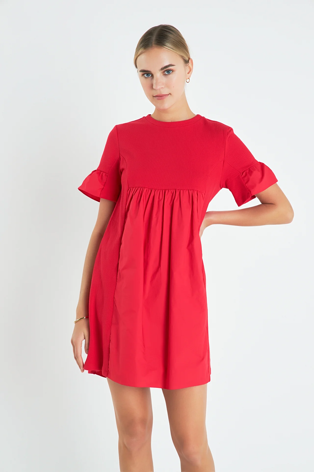 Mixed Media Ruffled Short-Sleeve Mini Dress - Image 28