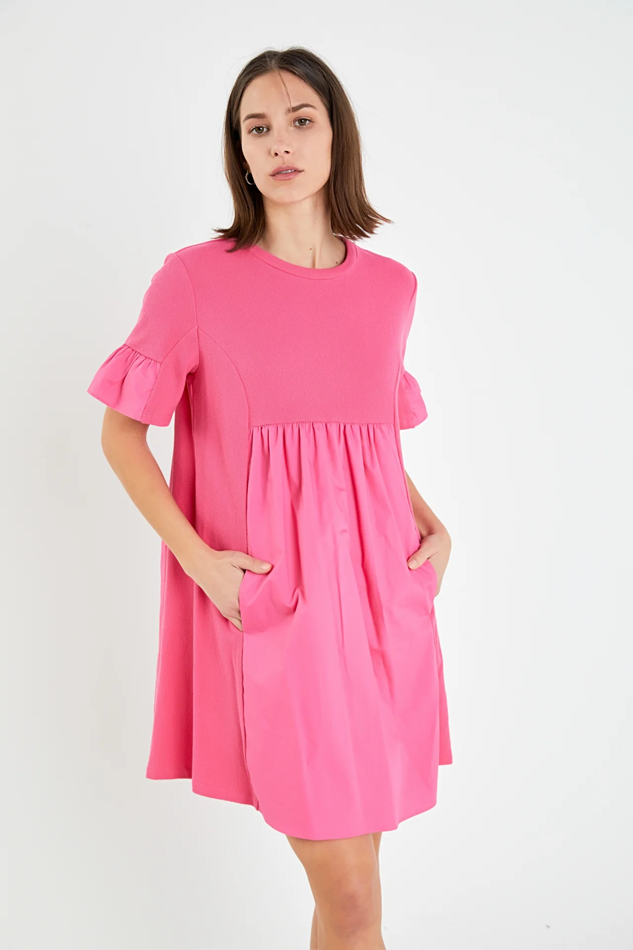 Mixed Media Ruffled Short-Sleeve Mini Dress - Image 43