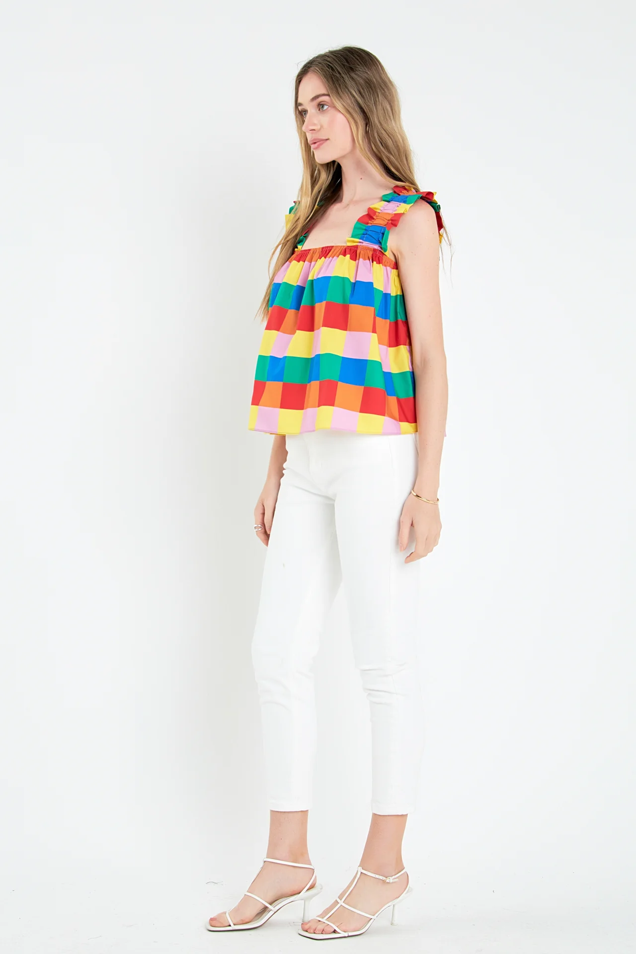 Multi Color Check Ruffle Strap Top - Image 3