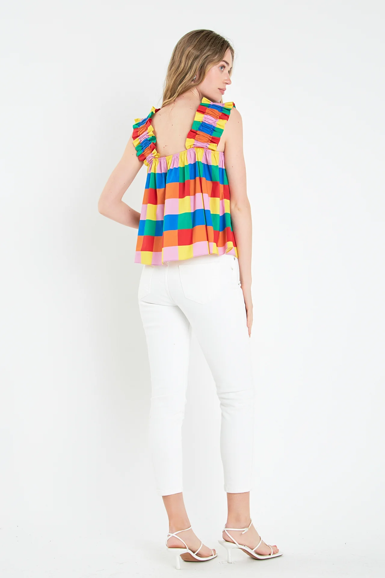 Multi Color Check Ruffle Strap Top - Image 4