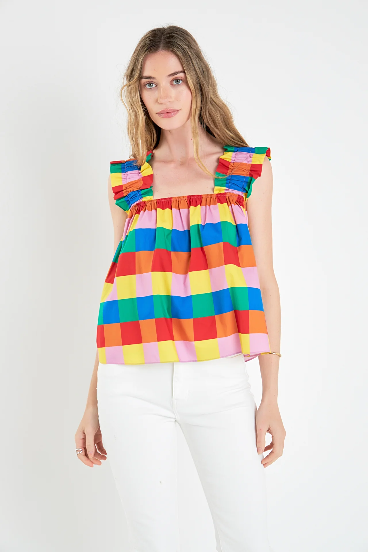Multi Color Check Ruffle Strap Top - Image 5