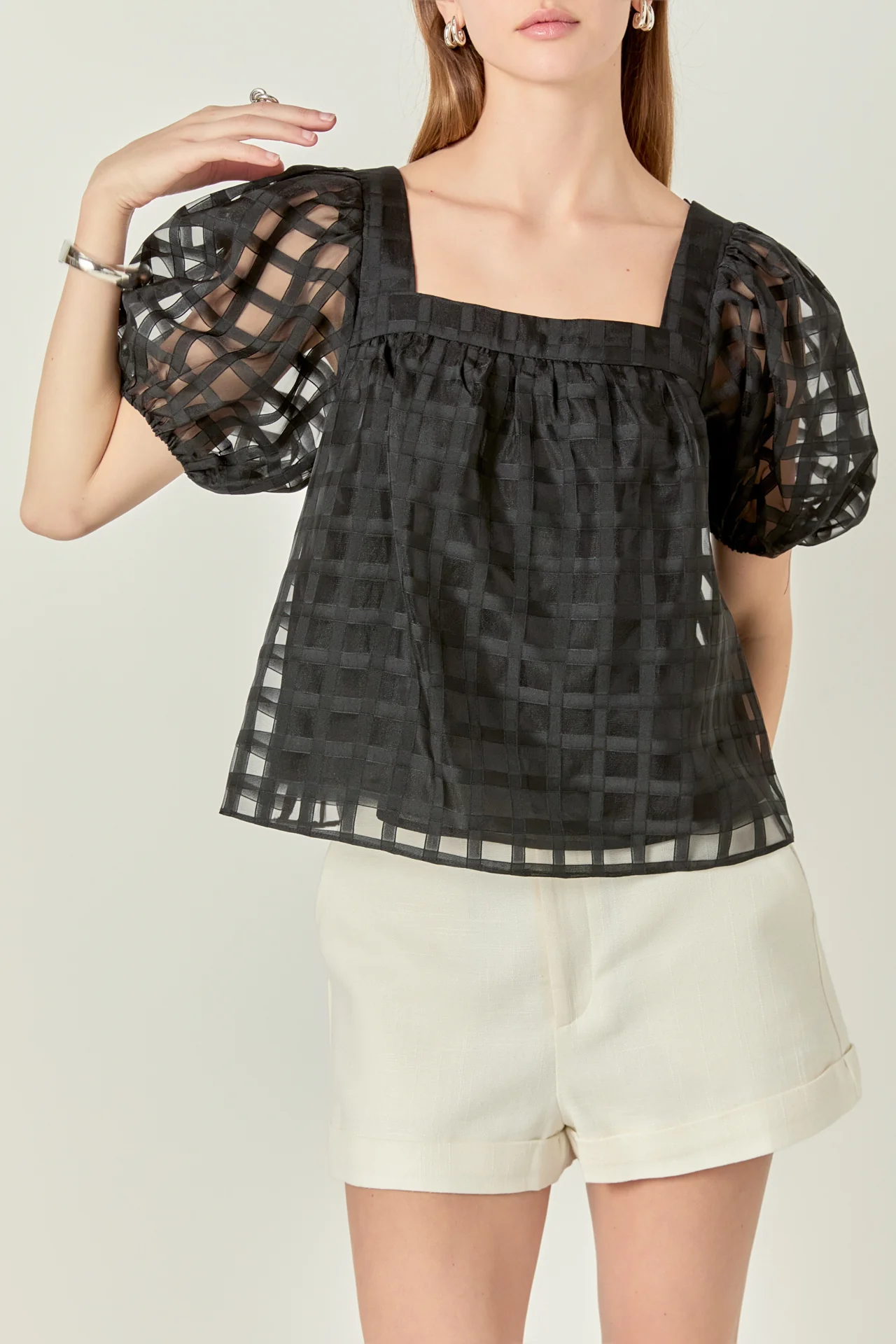 Organza Gridded Square Neck Crop Top - Image 2