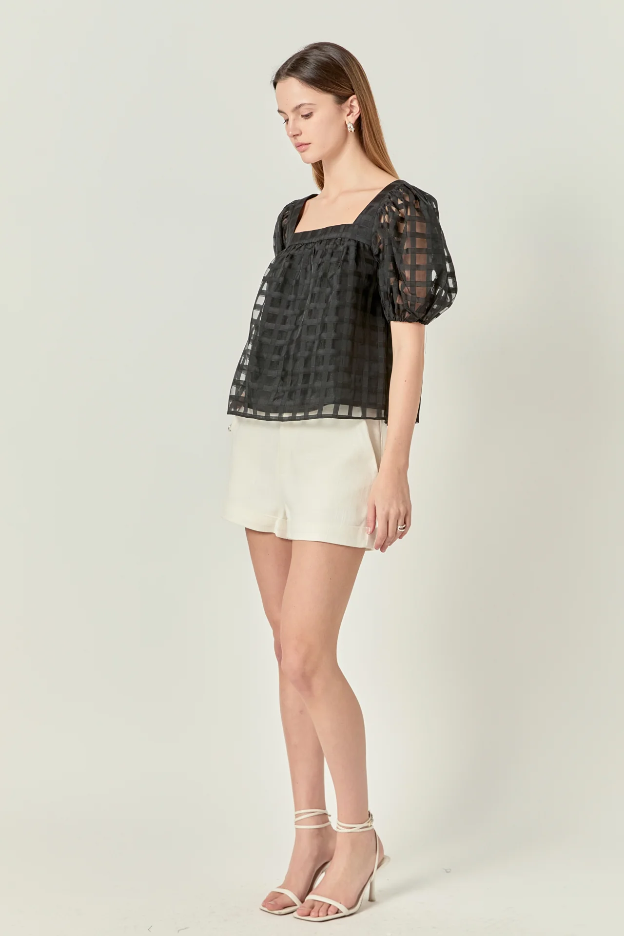 Organza Gridded Square Neck Crop Top - Image 3