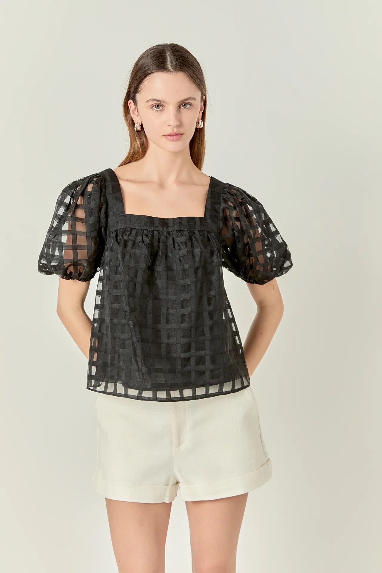 Organza Gridded Square Neck Crop Top - Image 5