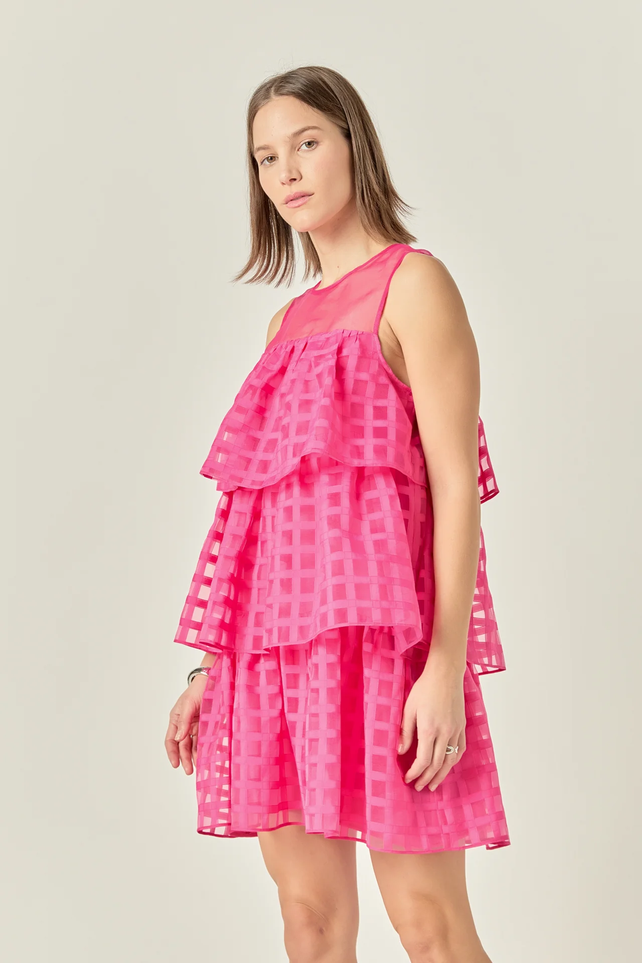 Organza Gridded Tiered Sleeveless Mini Dress - Image 10
