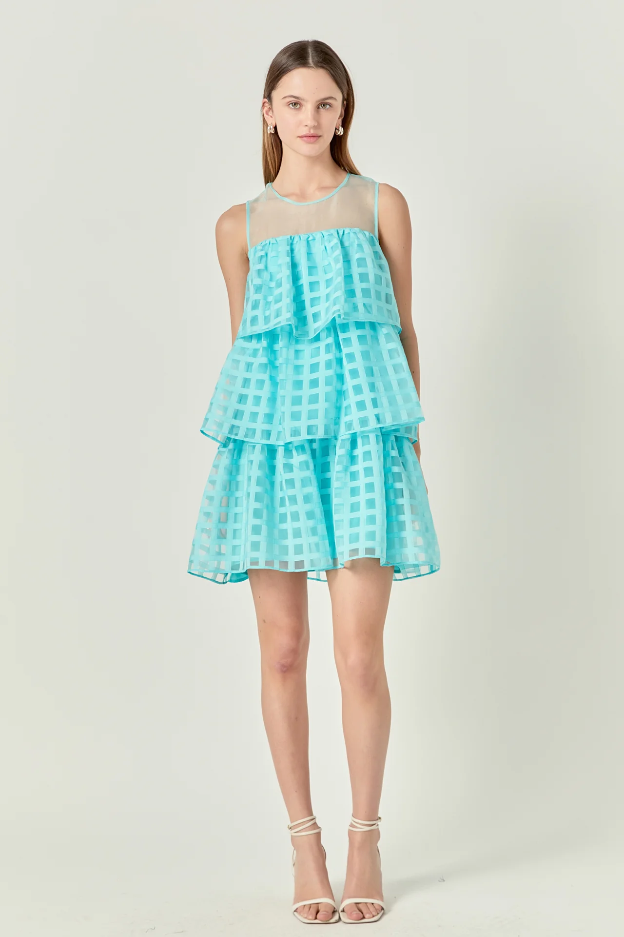 Organza Gridded Tiered Sleeveless Mini Dress - Image 11