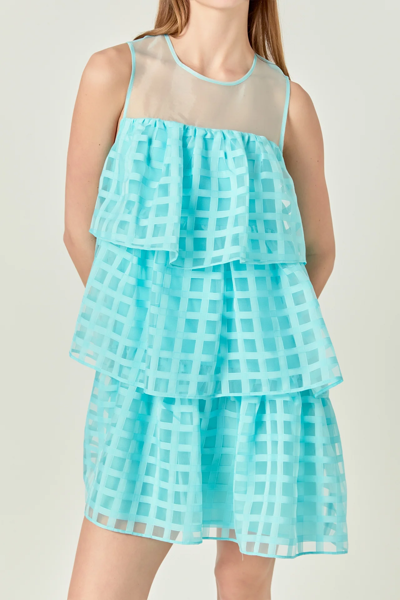 Organza Gridded Tiered Sleeveless Mini Dress - Image 12
