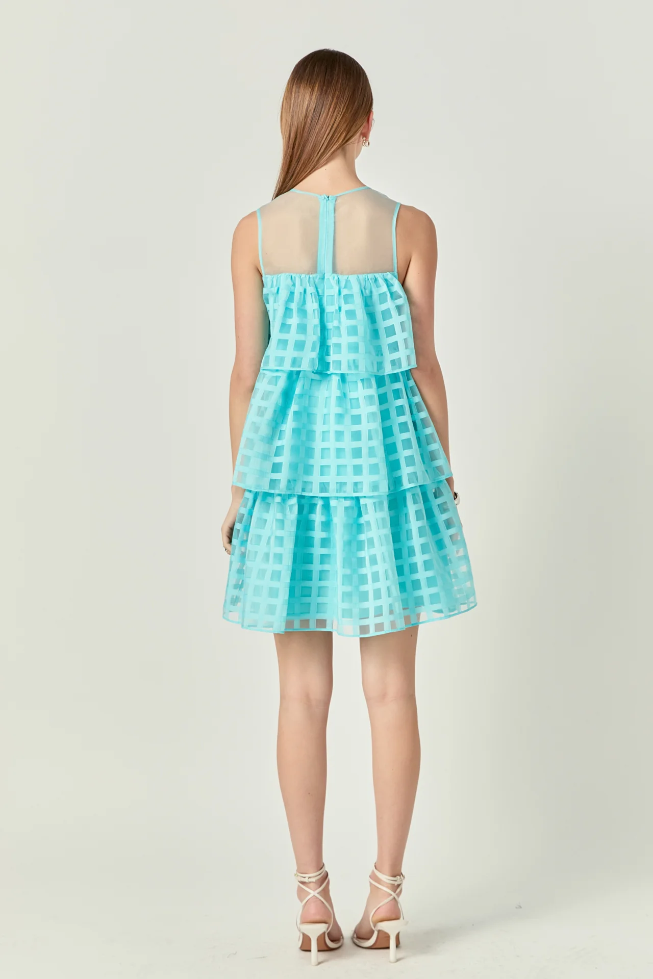 Organza Gridded Tiered Sleeveless Mini Dress - Image 14