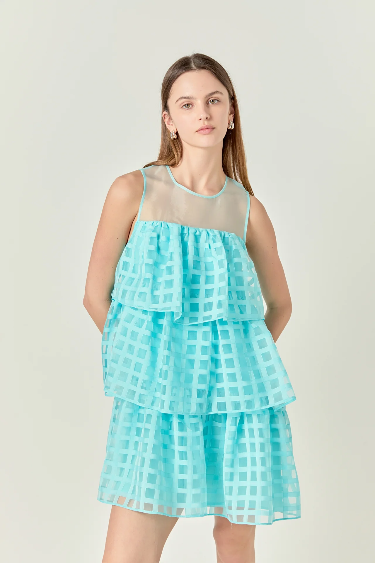Organza Gridded Tiered Sleeveless Mini Dress - Image 15