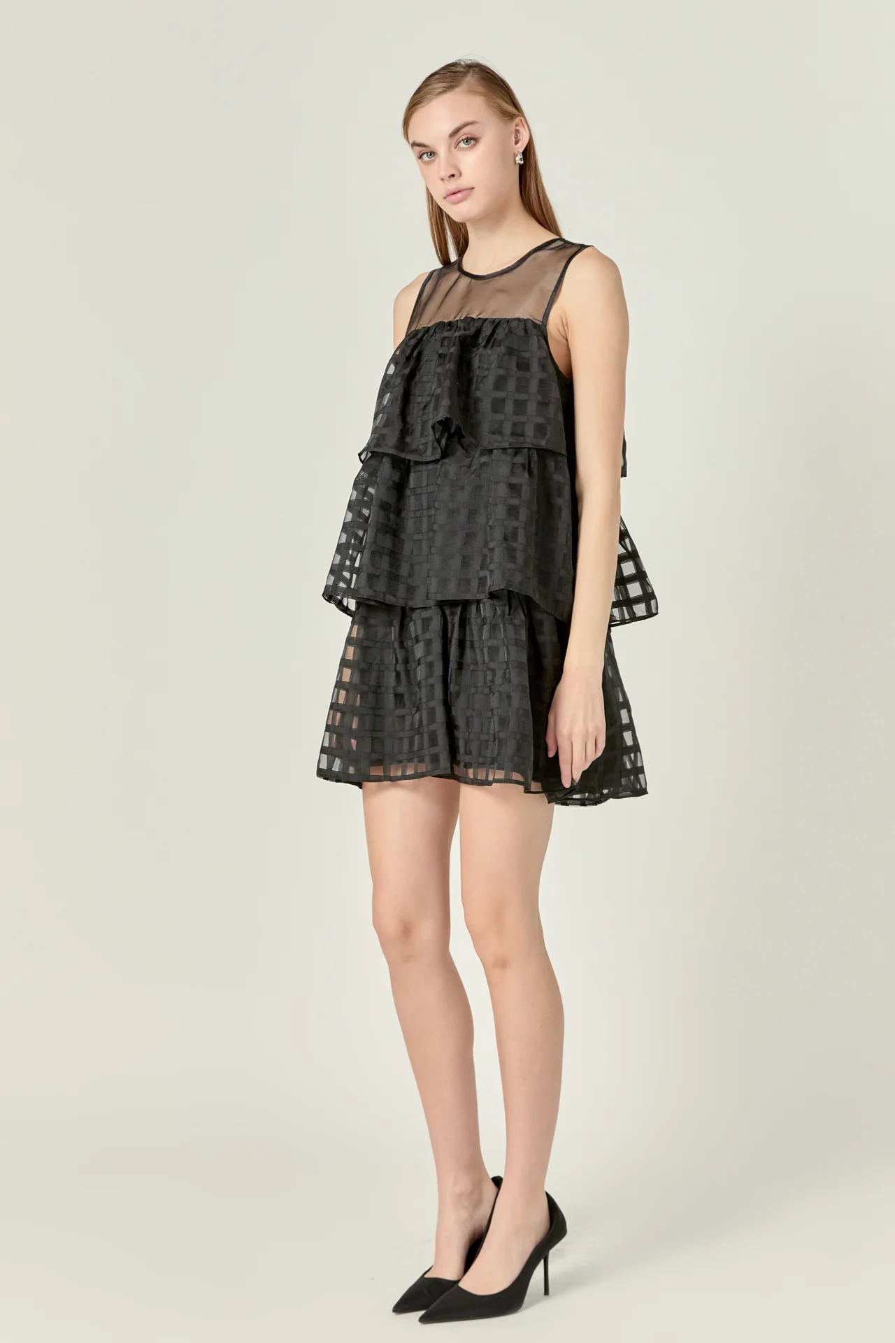 Organza Gridded Tiered Sleeveless Mini Dress - Image 3