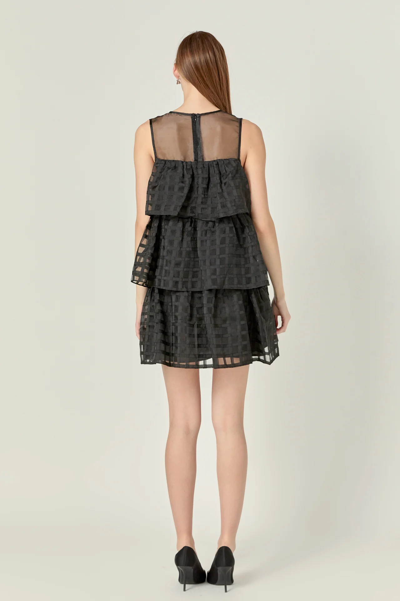 Organza Gridded Tiered Sleeveless Mini Dress - Image 4