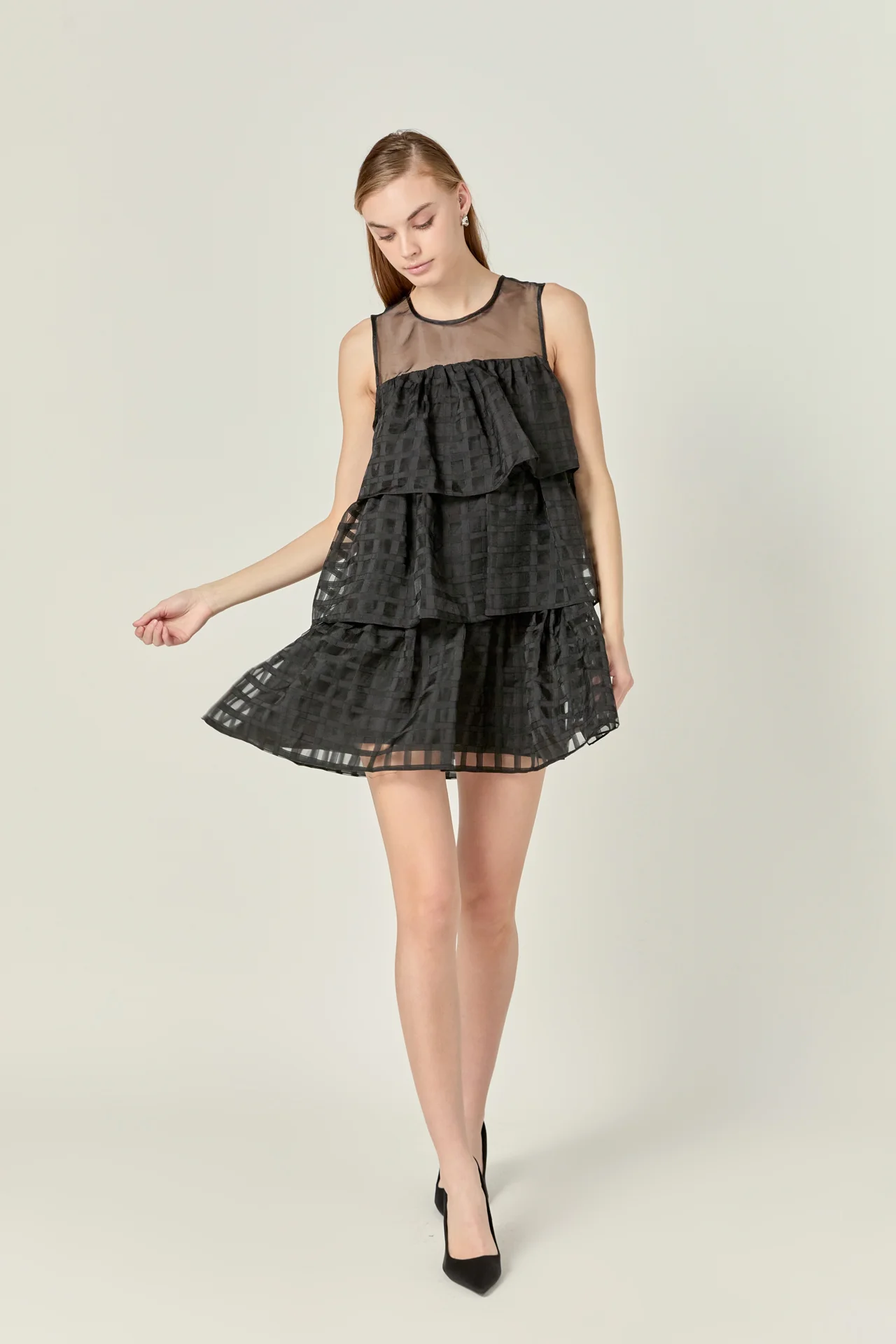 Organza Gridded Tiered Sleeveless Mini Dress - Image 5