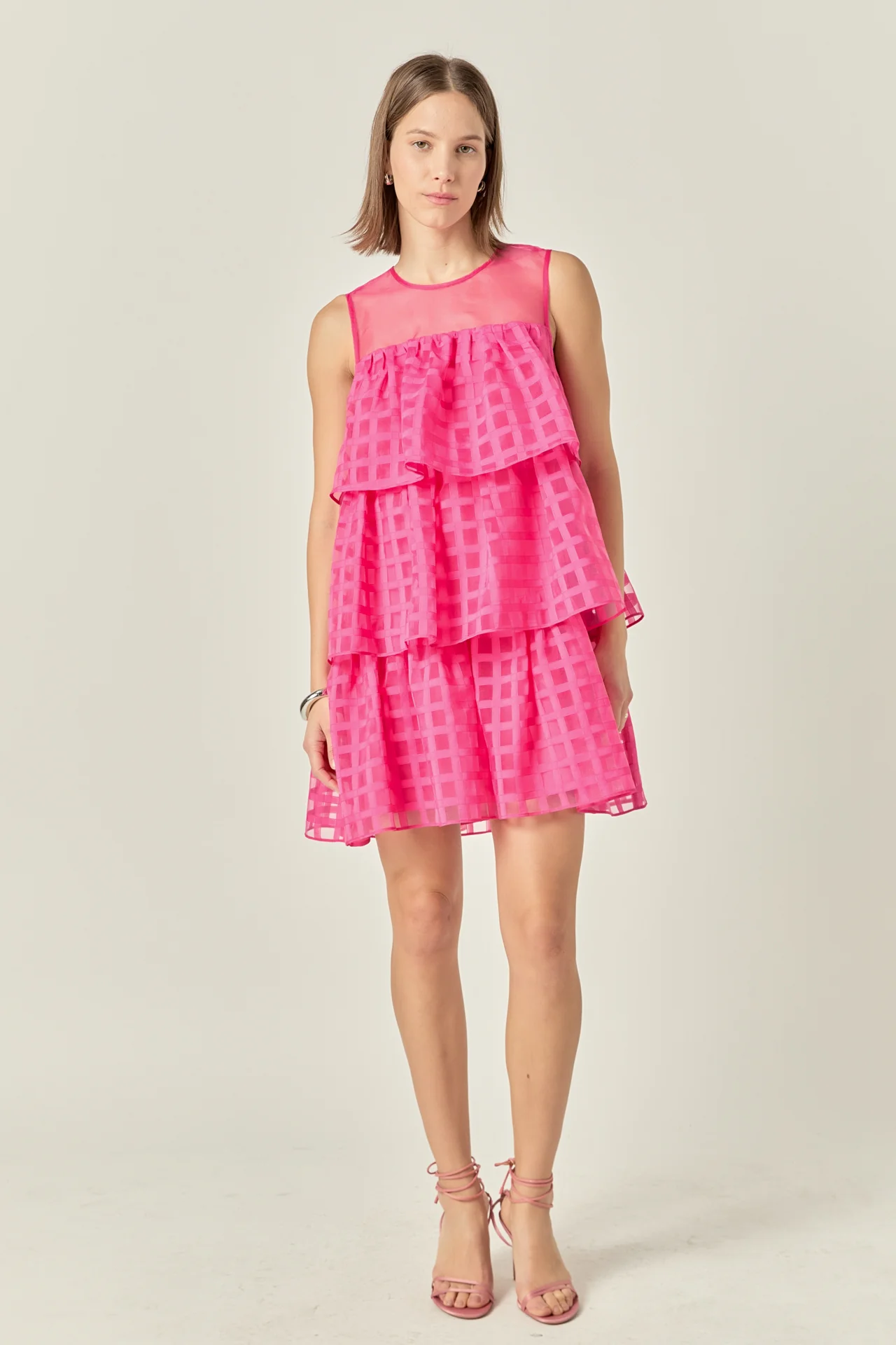 Organza Gridded Tiered Sleeveless Mini Dress - Image 6