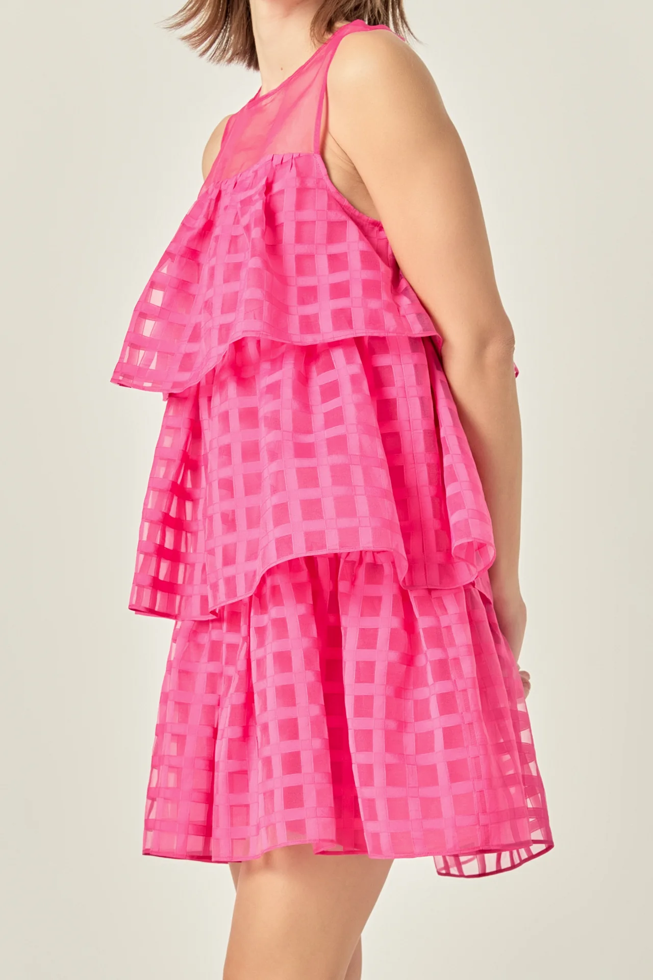 Organza Gridded Tiered Sleeveless Mini Dress - Image 7