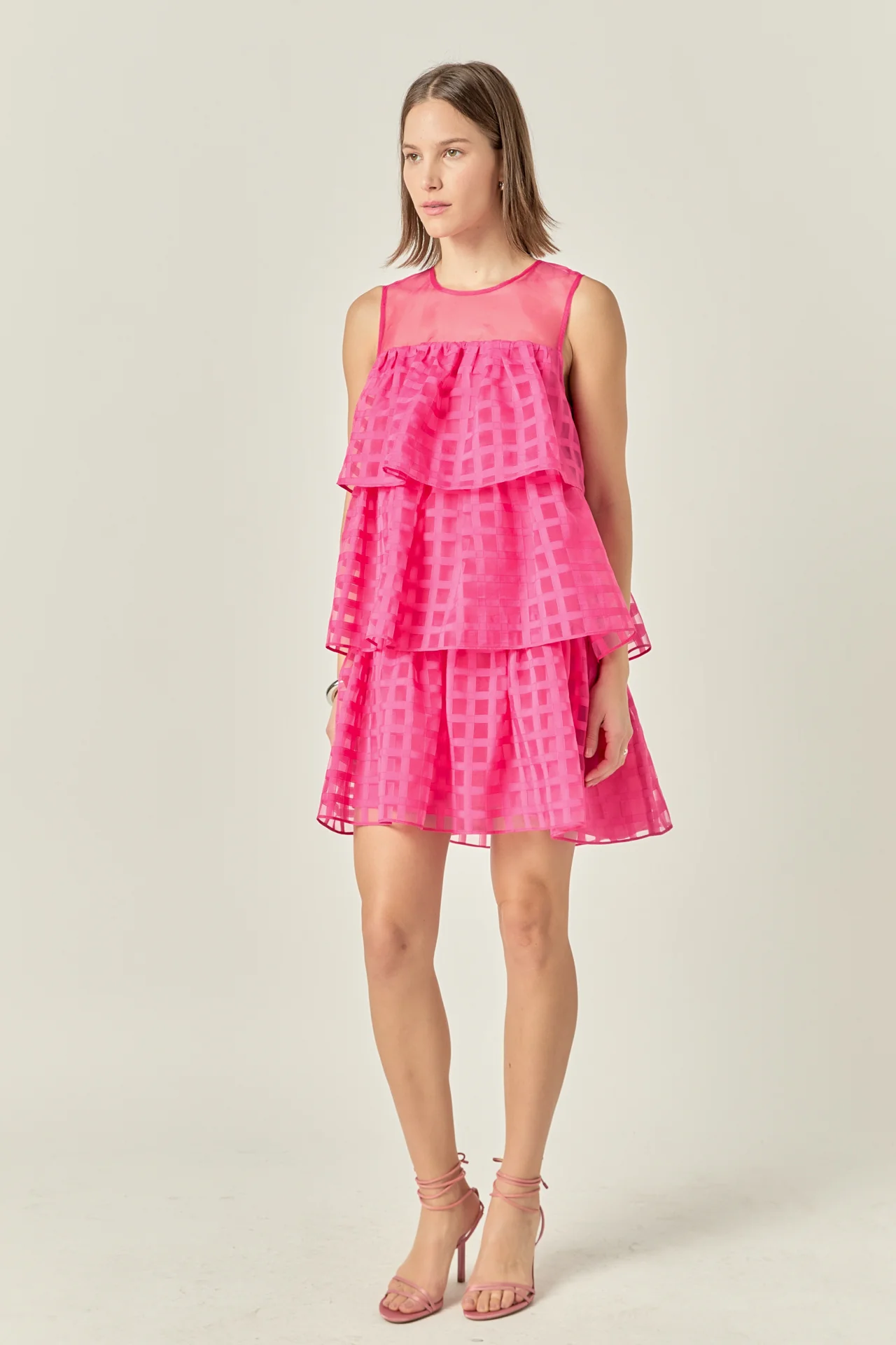 Organza Gridded Tiered Sleeveless Mini Dress - Image 8
