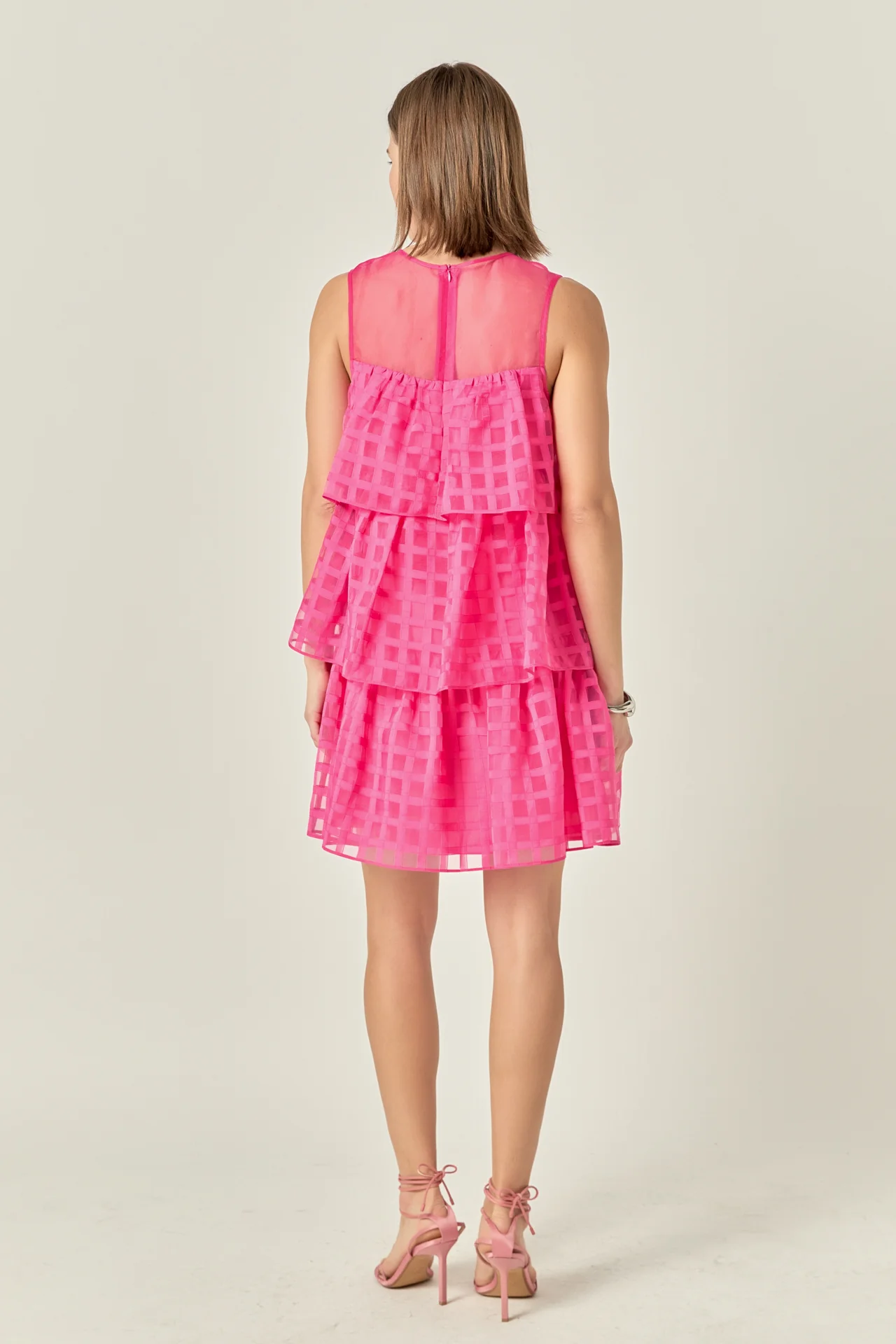 Organza Gridded Tiered Sleeveless Mini Dress - Image 9