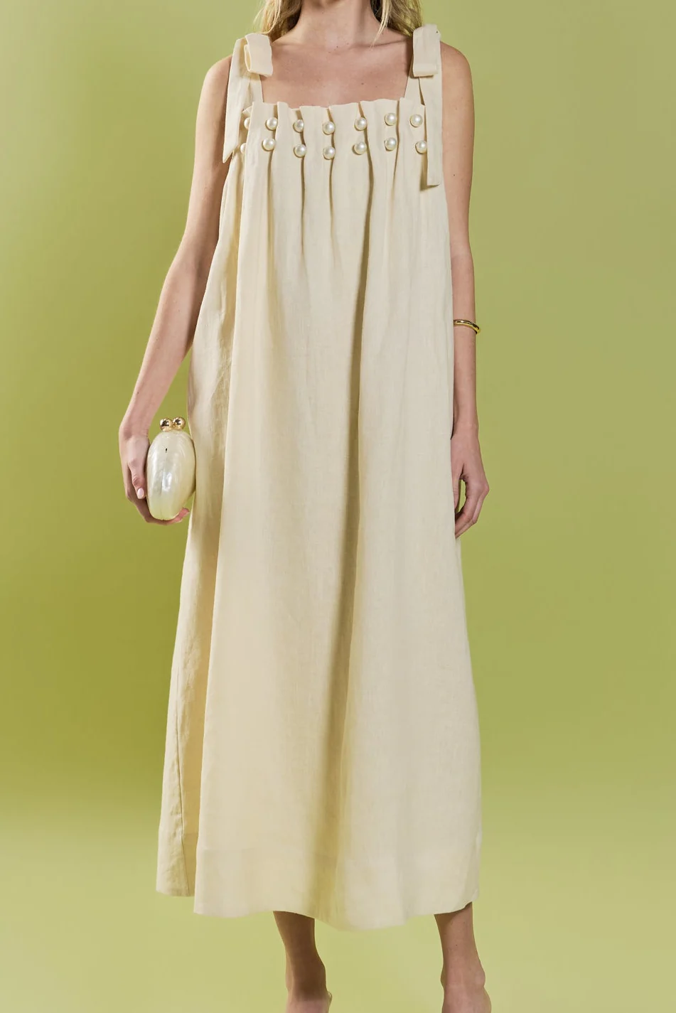 Pearl Tie Strap Linen Midi Dress - Image 2