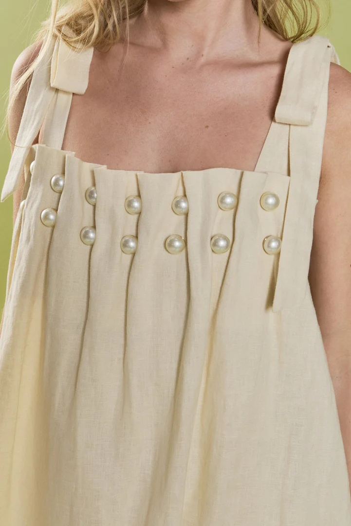 Pearl Tie Strap Linen Midi Dress - Image 3