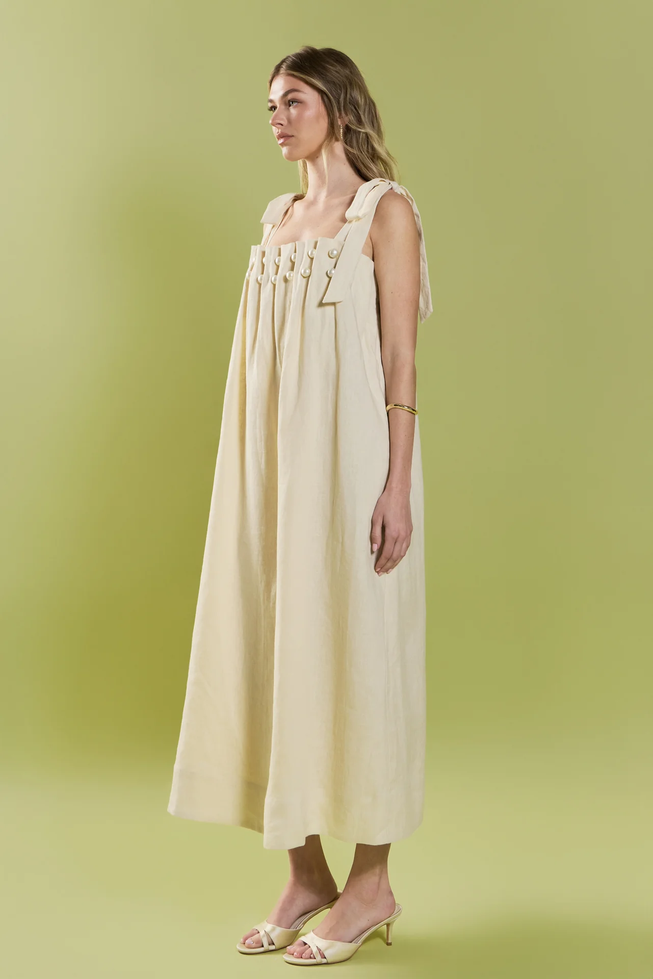 Pearl Tie Strap Linen Midi Dress - Image 4