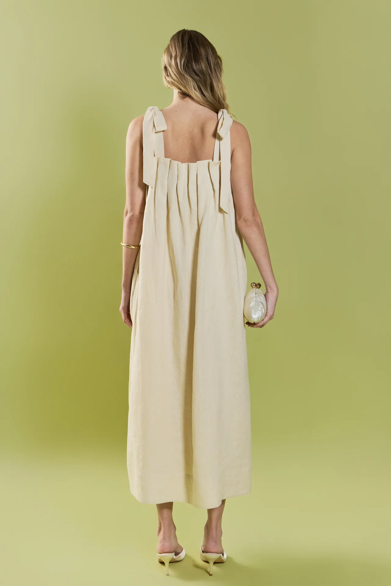 Pearl Tie Strap Linen Midi Dress - Image 5