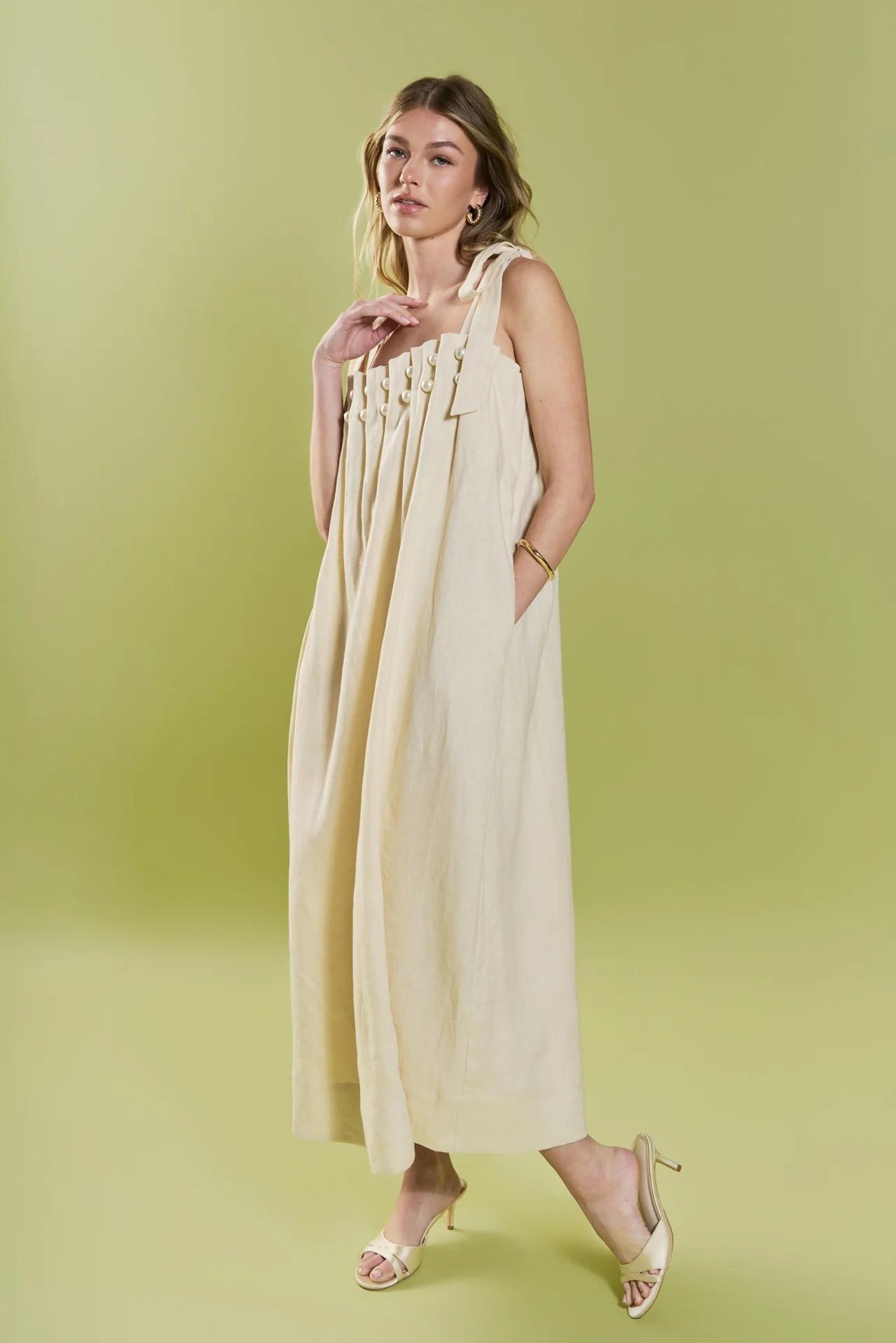 Pearl Tie Strap Linen Midi Dress - Image 6