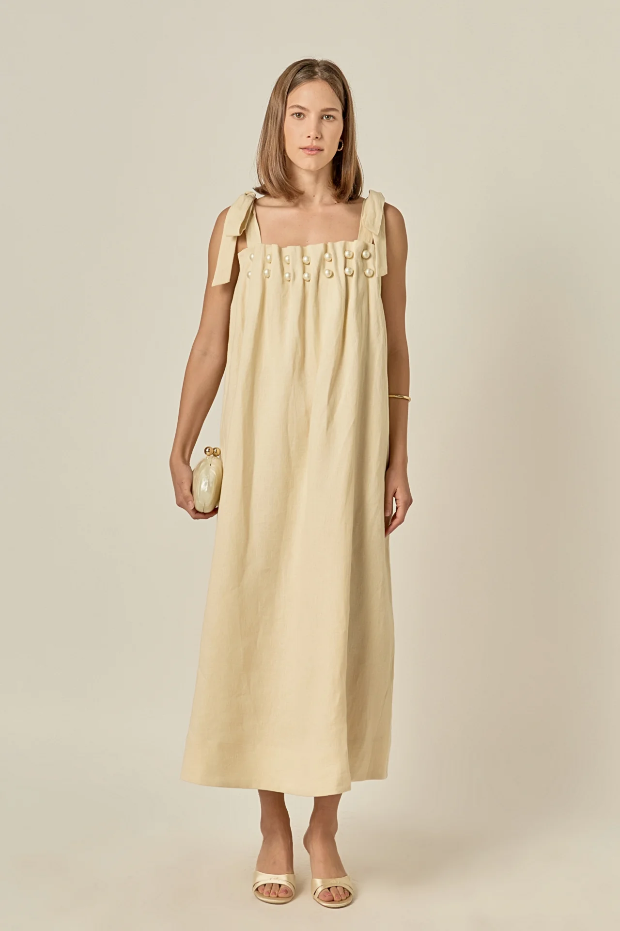 Pearl Tie Strap Linen Midi Dress - Image 9