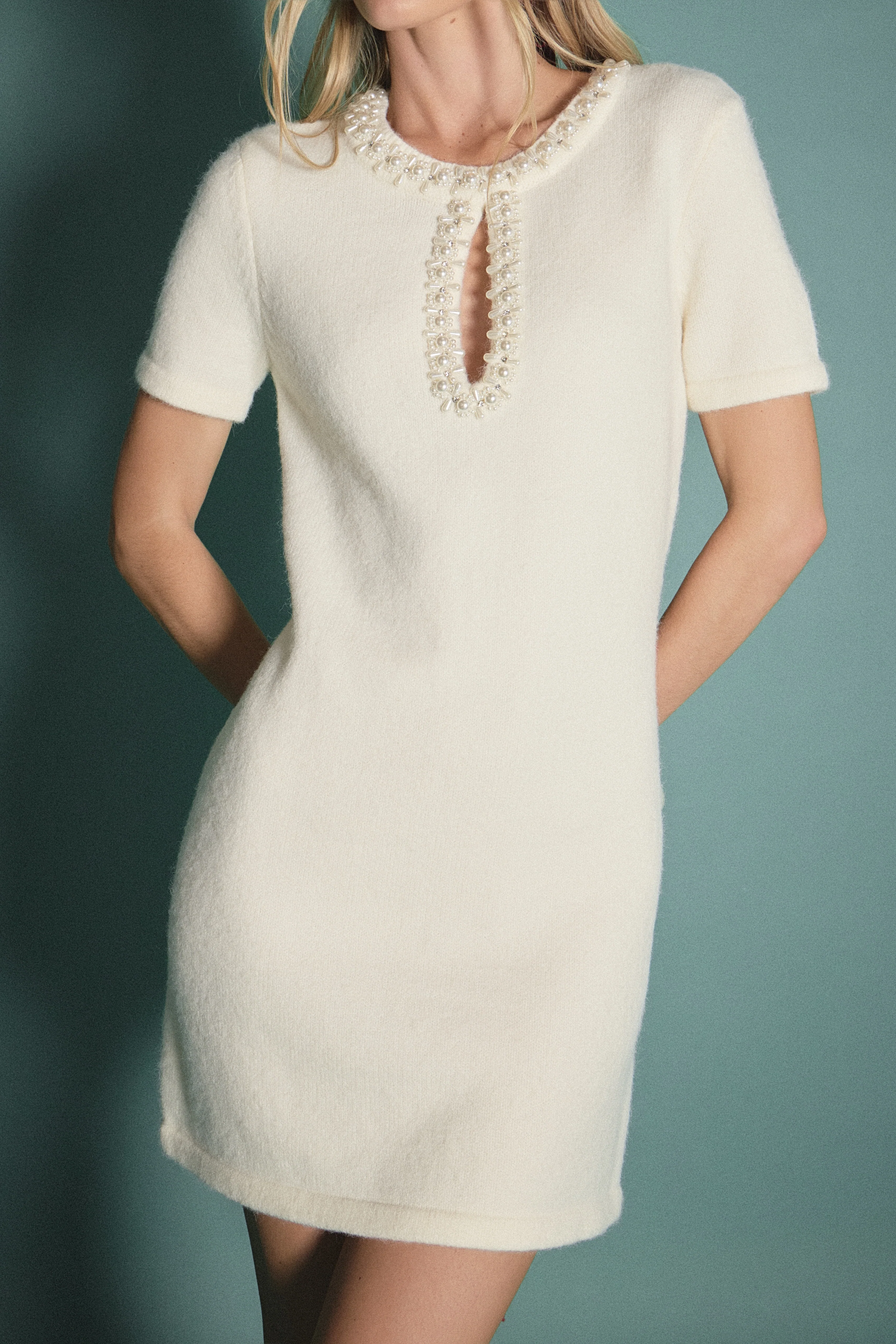 Pearl Embellished Knit Mini Dress - Image 2