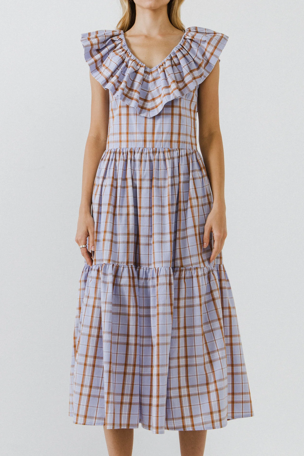 Plaid Midi Dress With Ruffle Neckline - Image 2