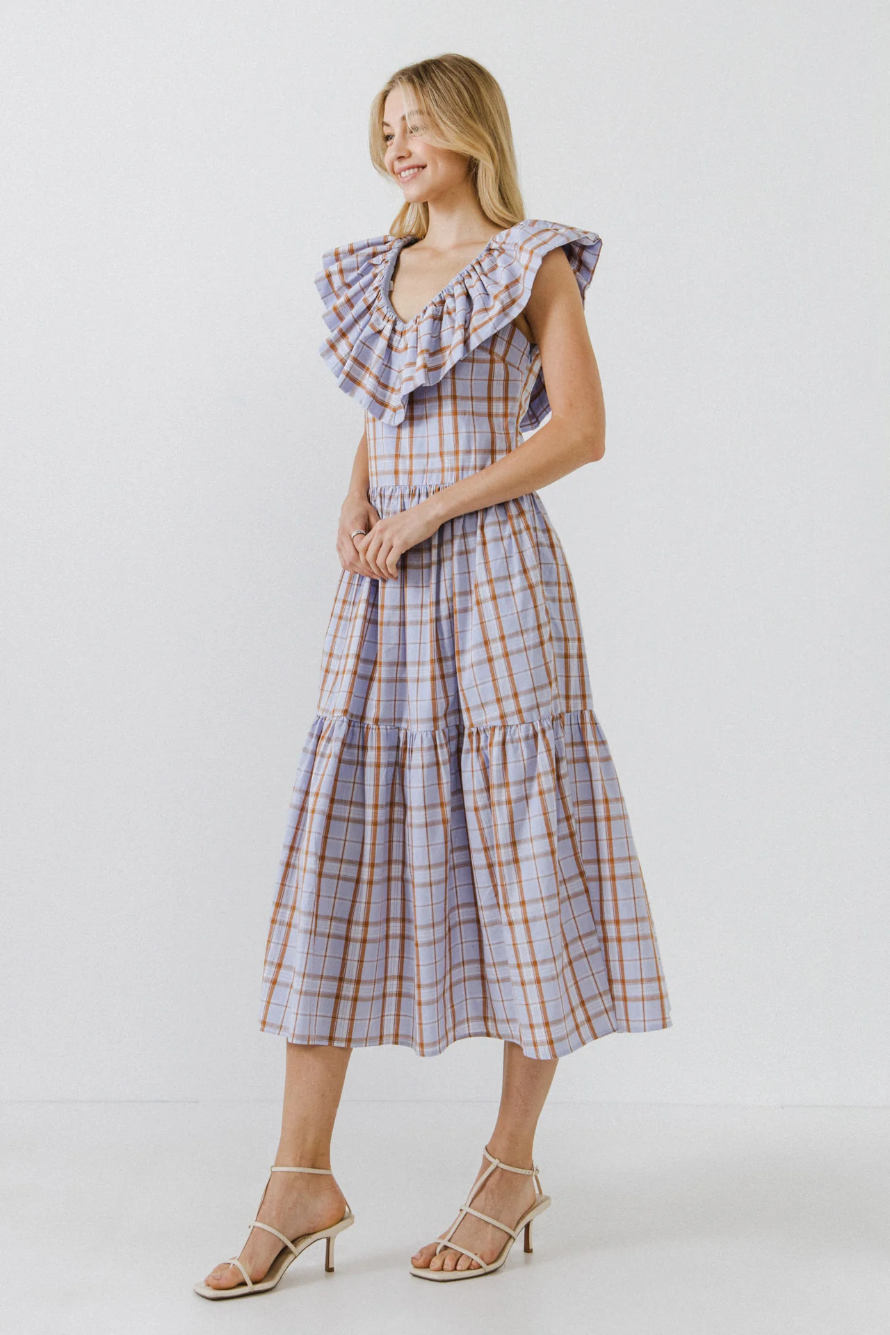 Plaid Midi Dress With Ruffle Neckline - Image 3