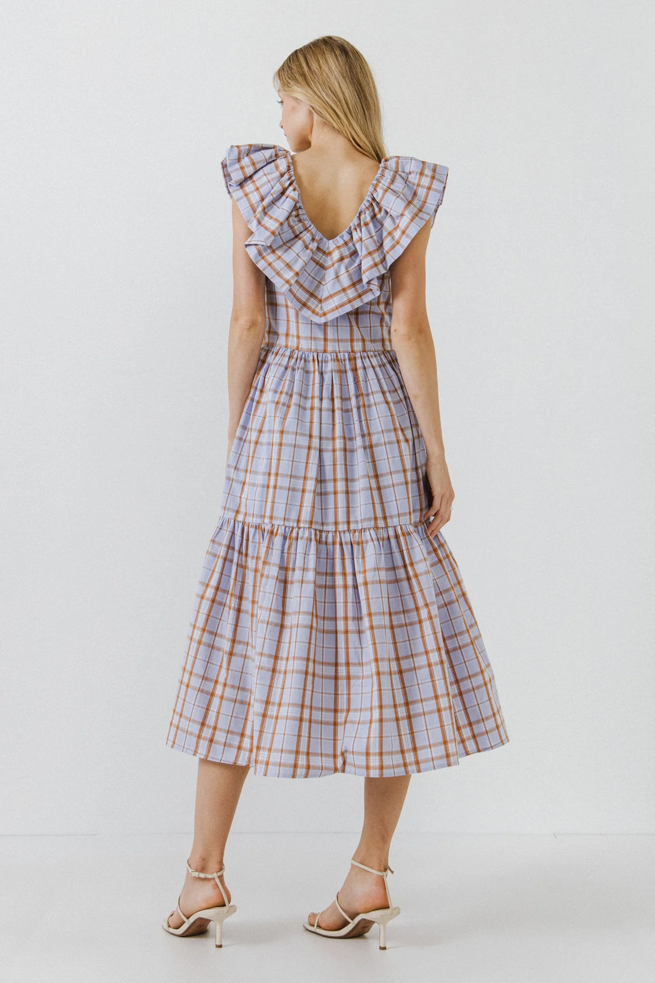 Plaid Midi Dress With Ruffle Neckline - Image 4