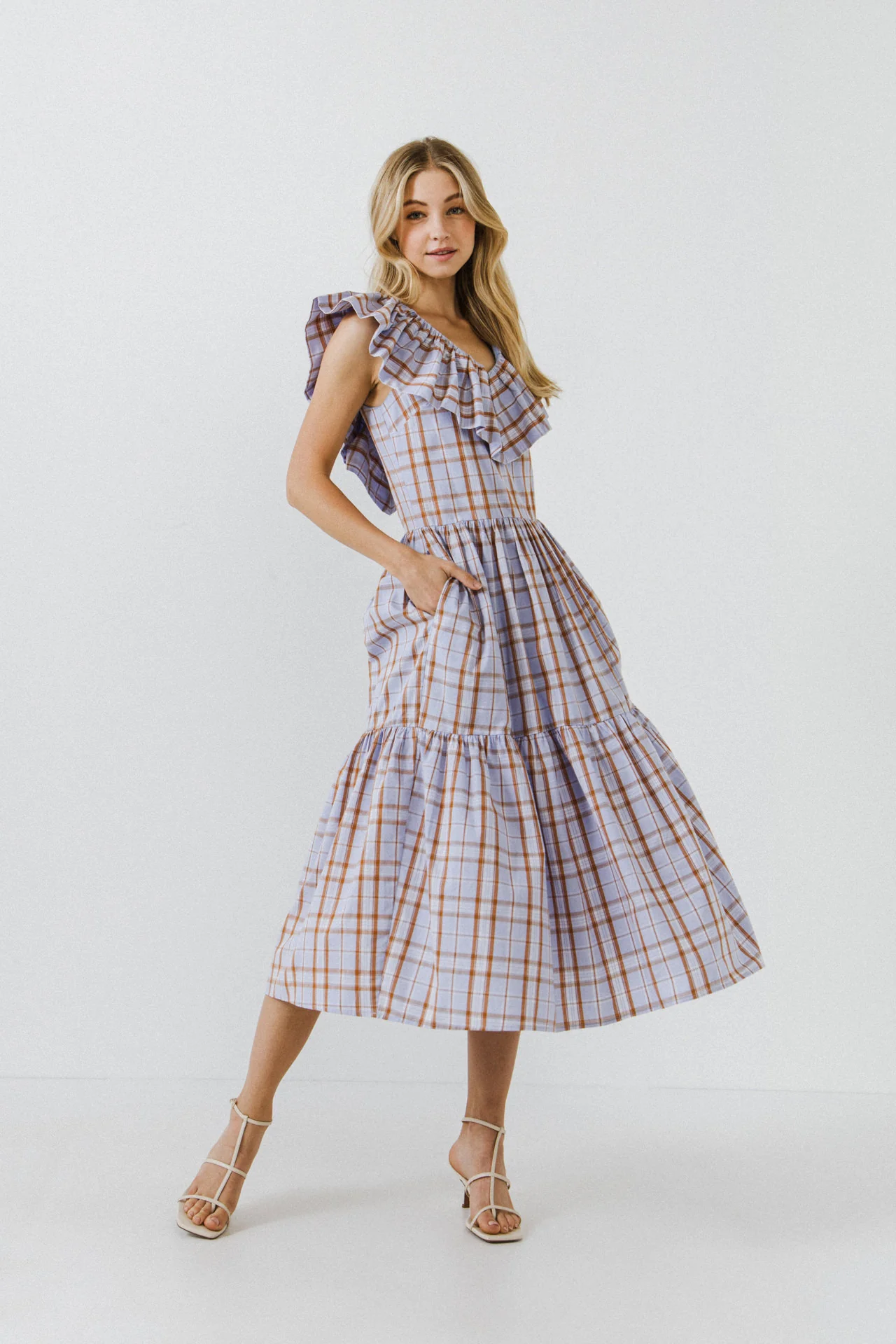 Plaid Midi Dress With Ruffle Neckline - Image 5
