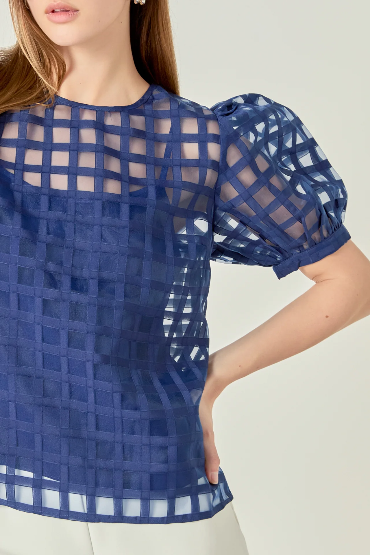 Puff Sleeve Plaid Sheer Top - Image 18